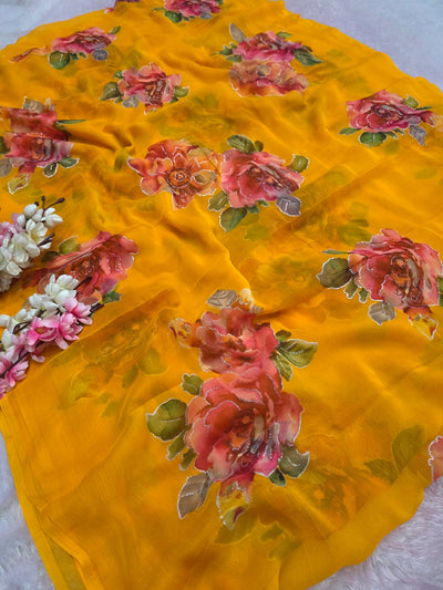 991004 Lightweight Elegant Semi Chiffon Flower Print Saree with Zari Print - Yellow