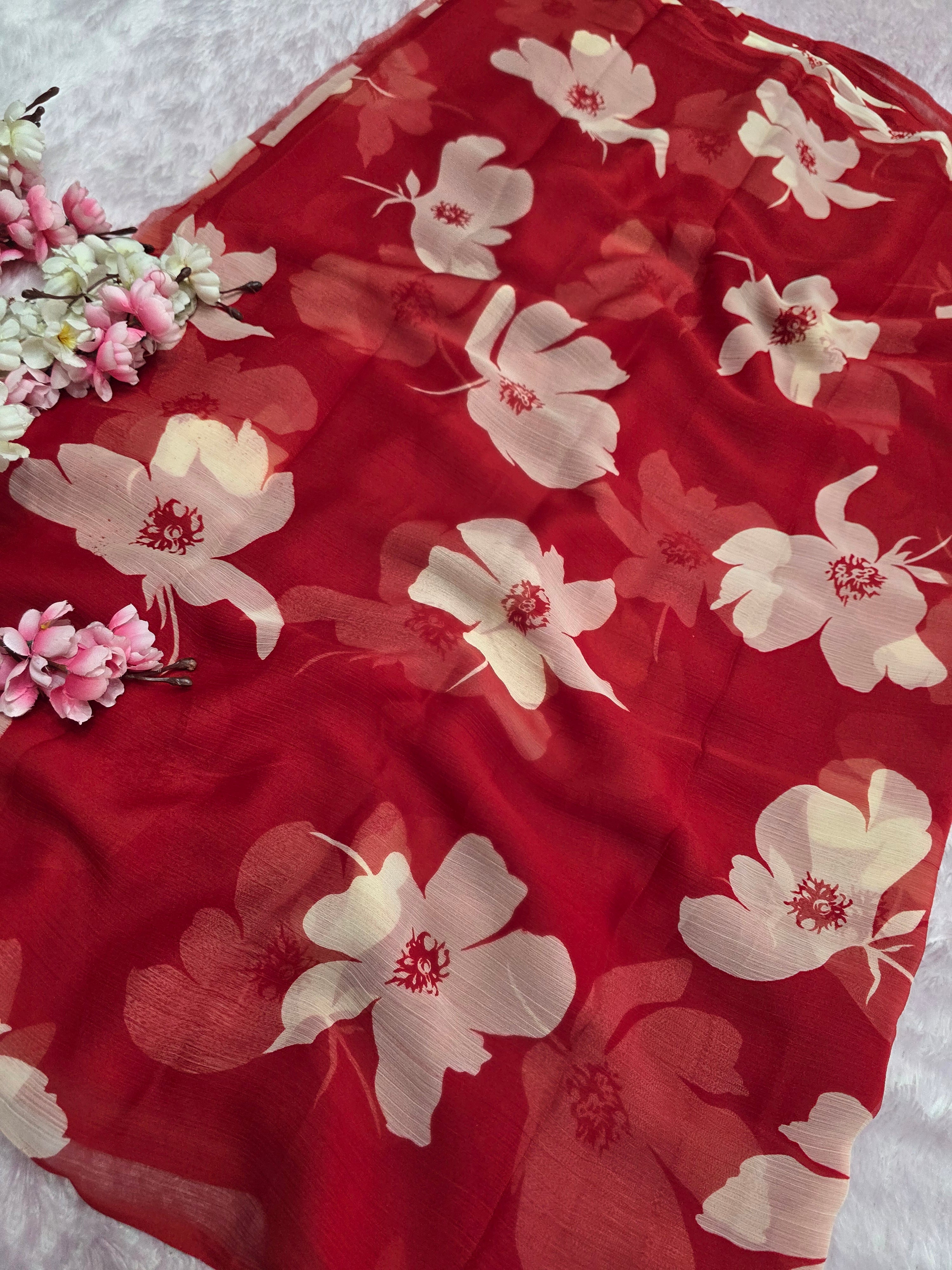103903 Lightweight Elegant Semi Chiffon Flower Print Saree - Red
