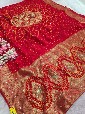 5060 Pure Upada Silk Bandhani Saree with Handwork - Red