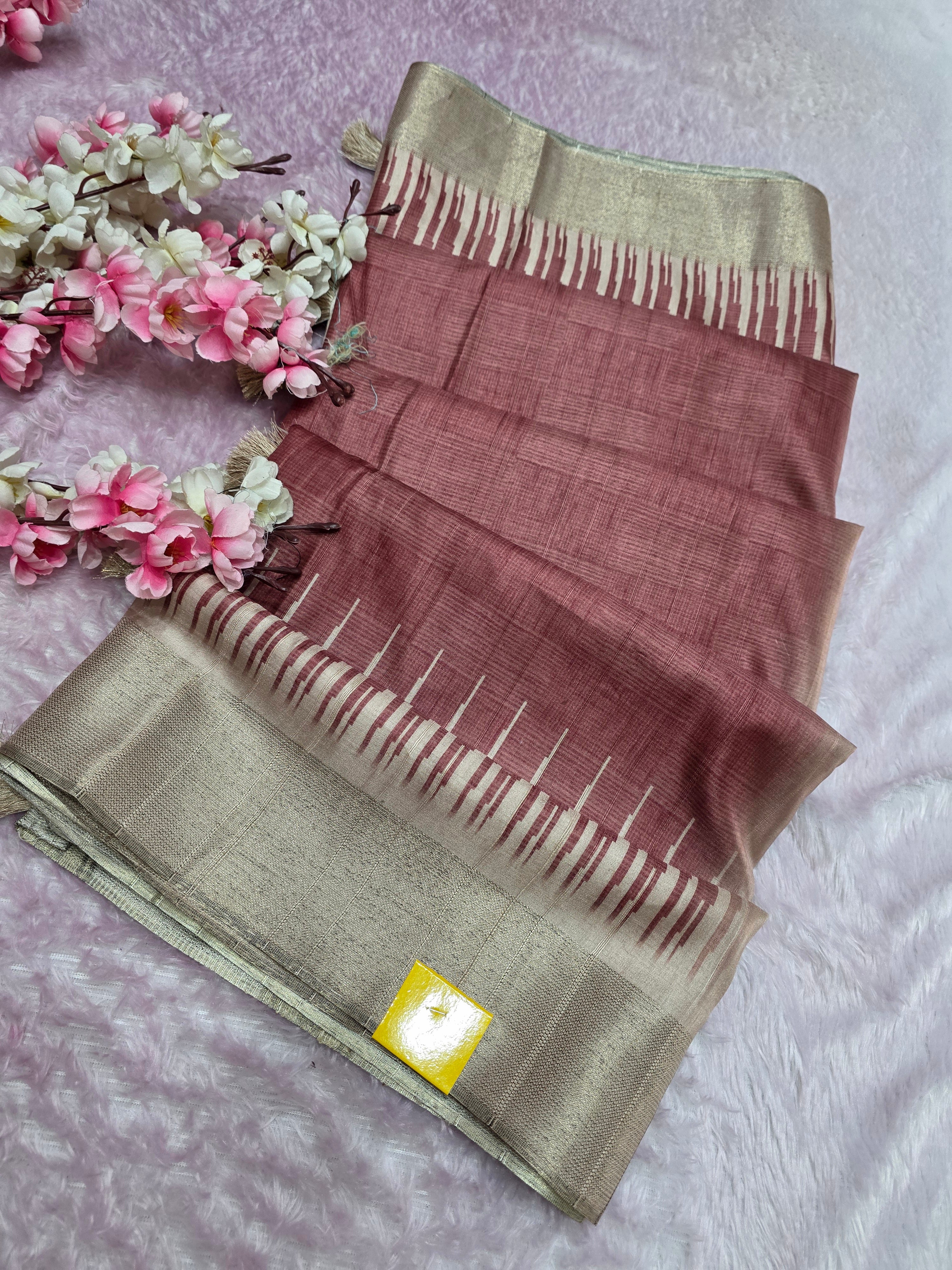 103107 Chitra Special Soft Banarasi Silk Saree with Heavy Flower Printed Blouse - Maroon