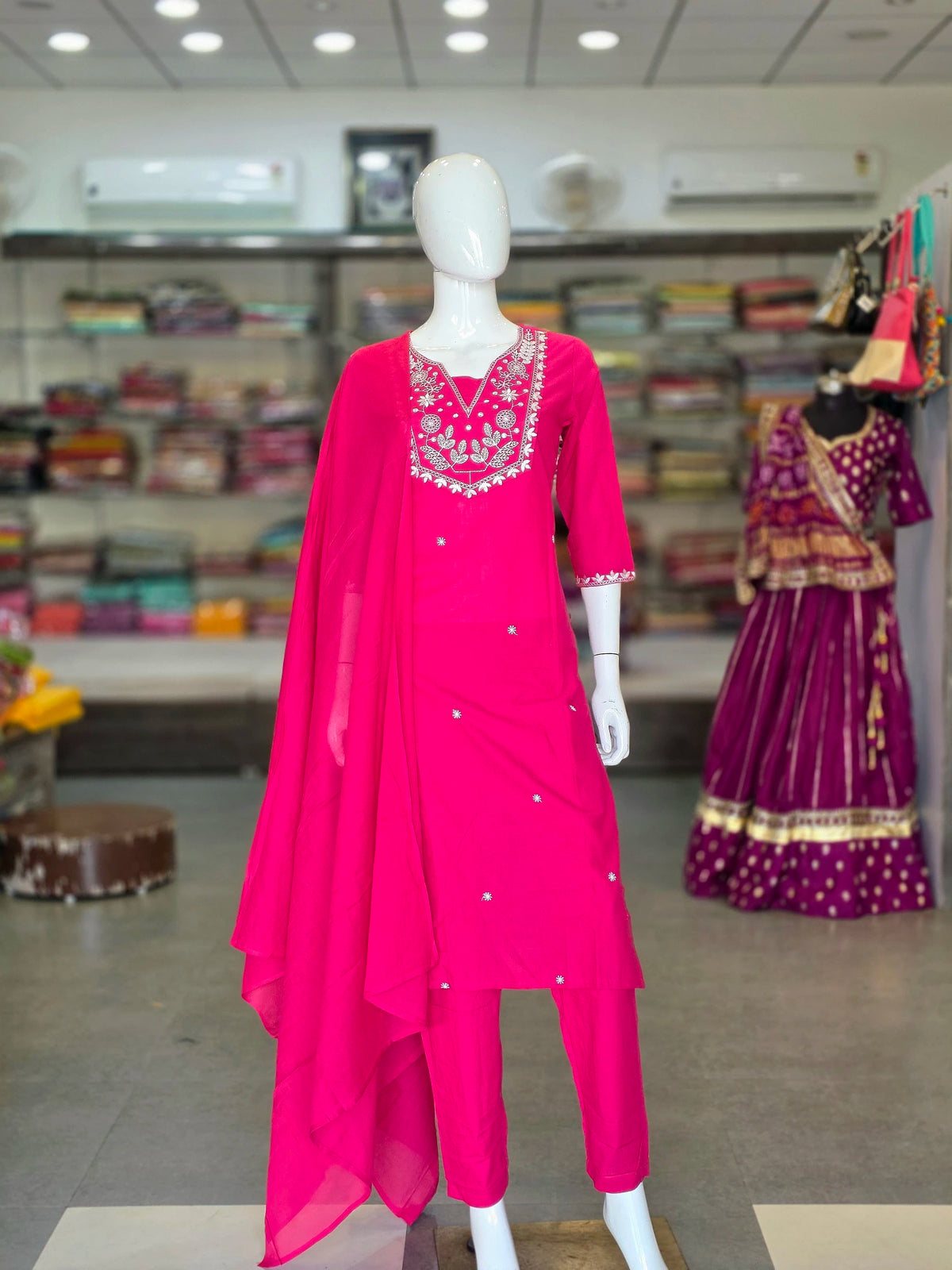 2095 Pure Cotton Straight Plain Embroidery Cotton Kurti Set With Pant and Dupatta - Rani