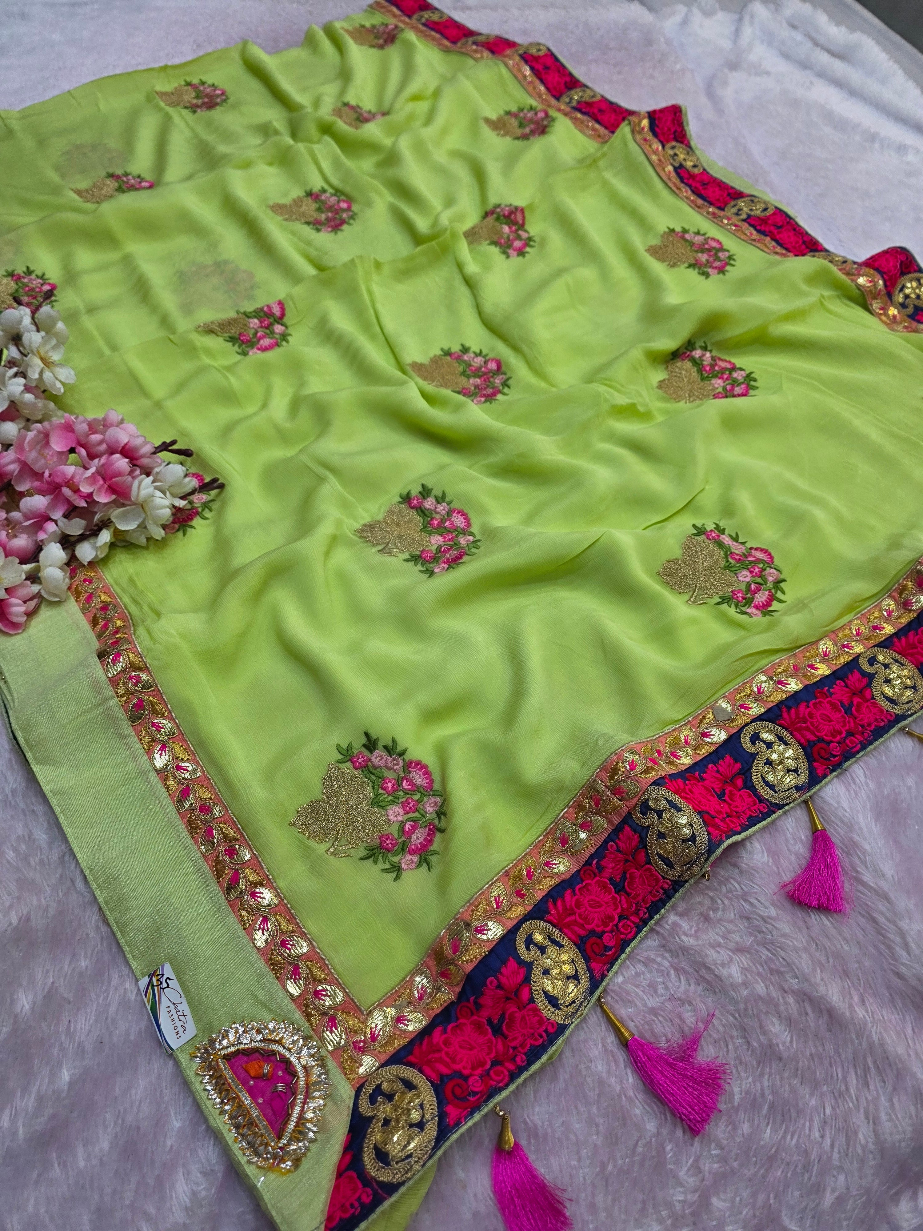 976006 Pure Chinon Silk Rajasthani Embroidery Work party Wear Saree