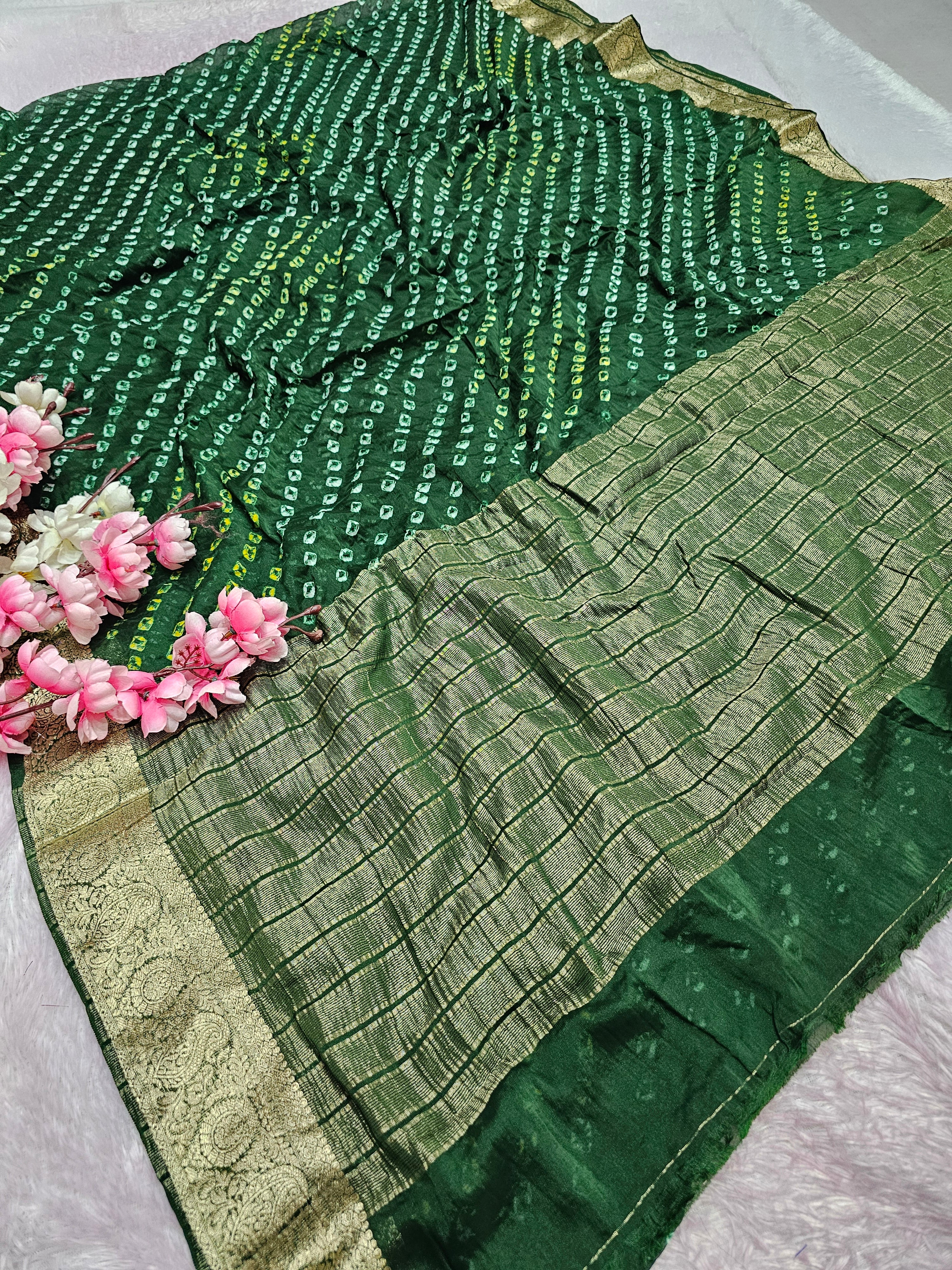 12529 Traditional Hand Bandhani Chinon Silk Soft Saree - Green