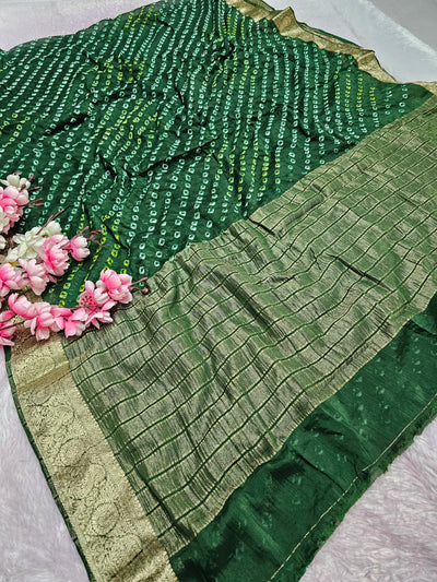 12529 Traditional Hand Bandhani Chinon Silk Soft Saree - Green