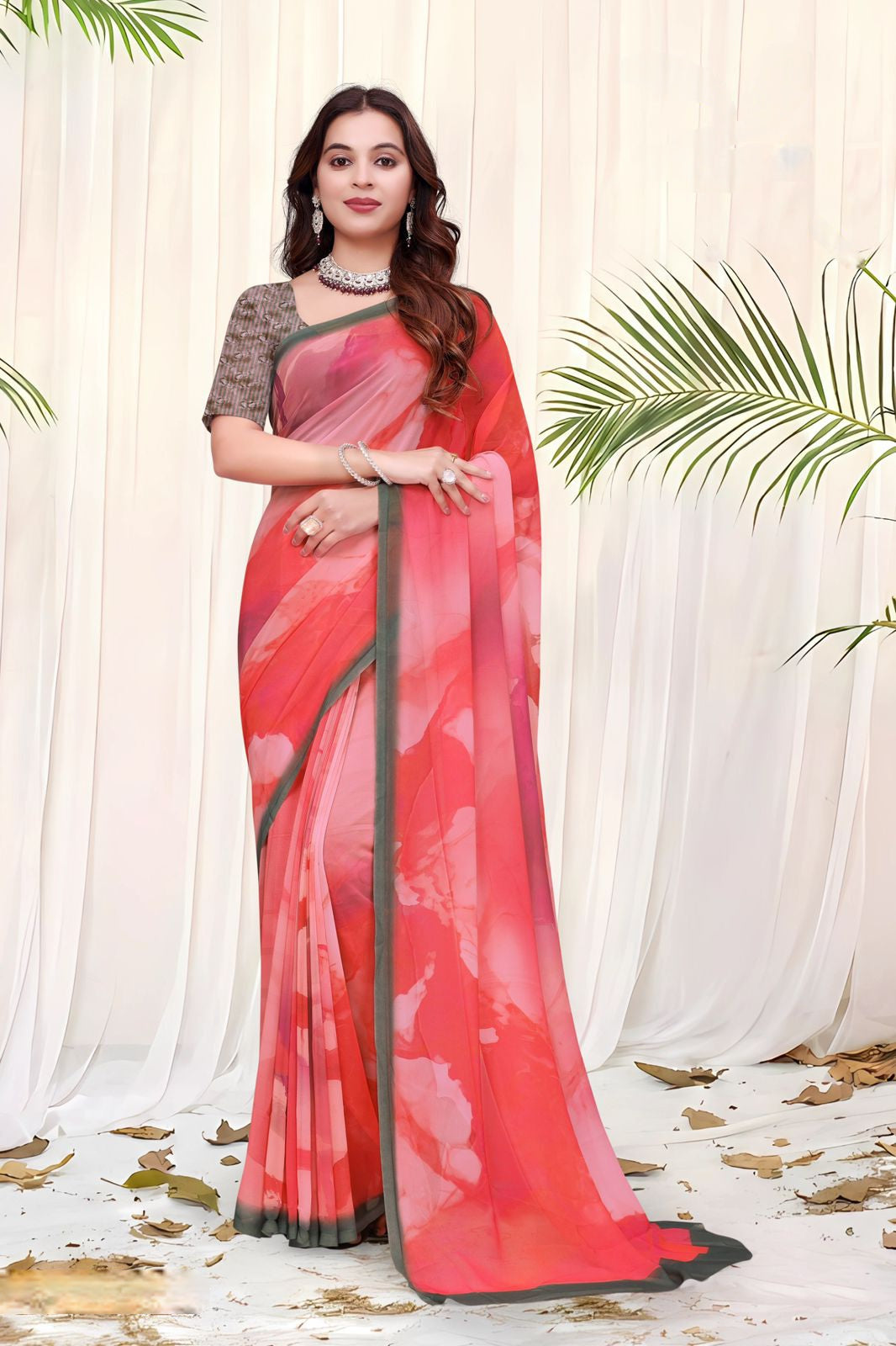 695012 डिजिटल फ्लावर प्रिंट जॉर्जेट क्रेप साड़ी