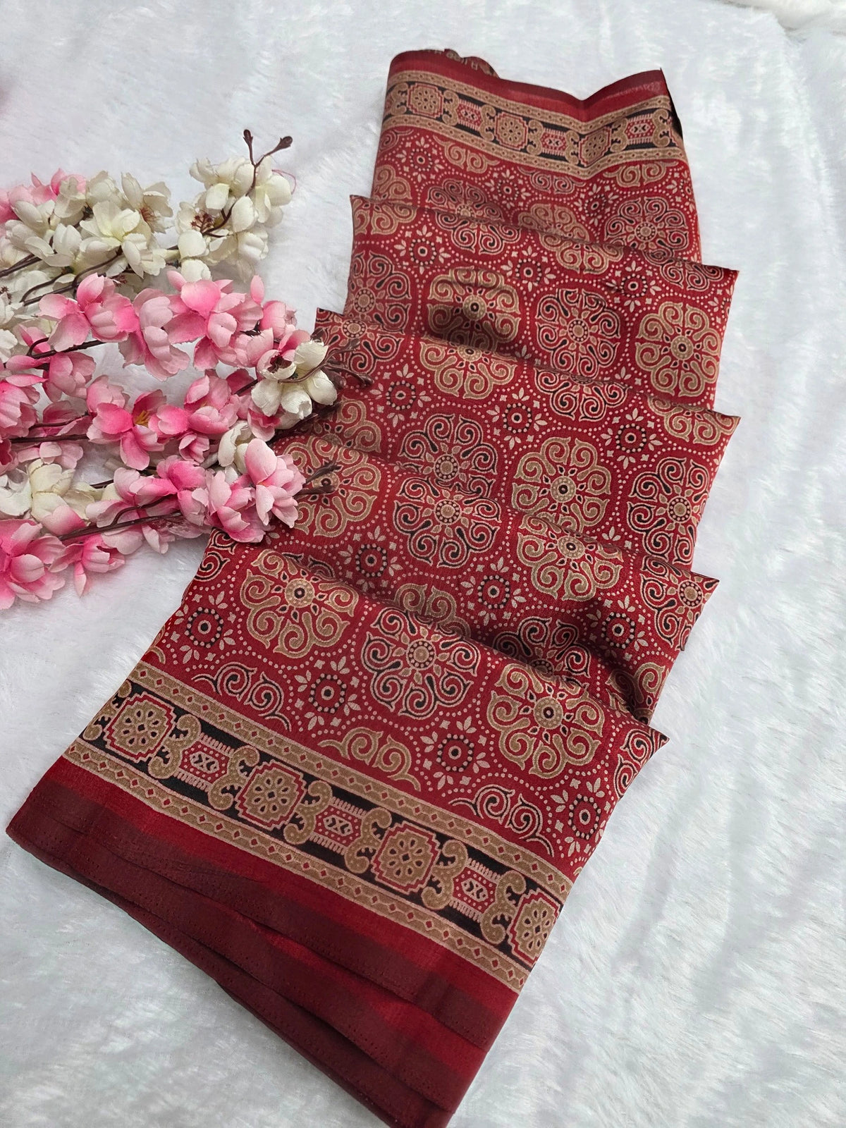 DS150 Semi Dola Silk Ajrakh Print Saree - Maroon