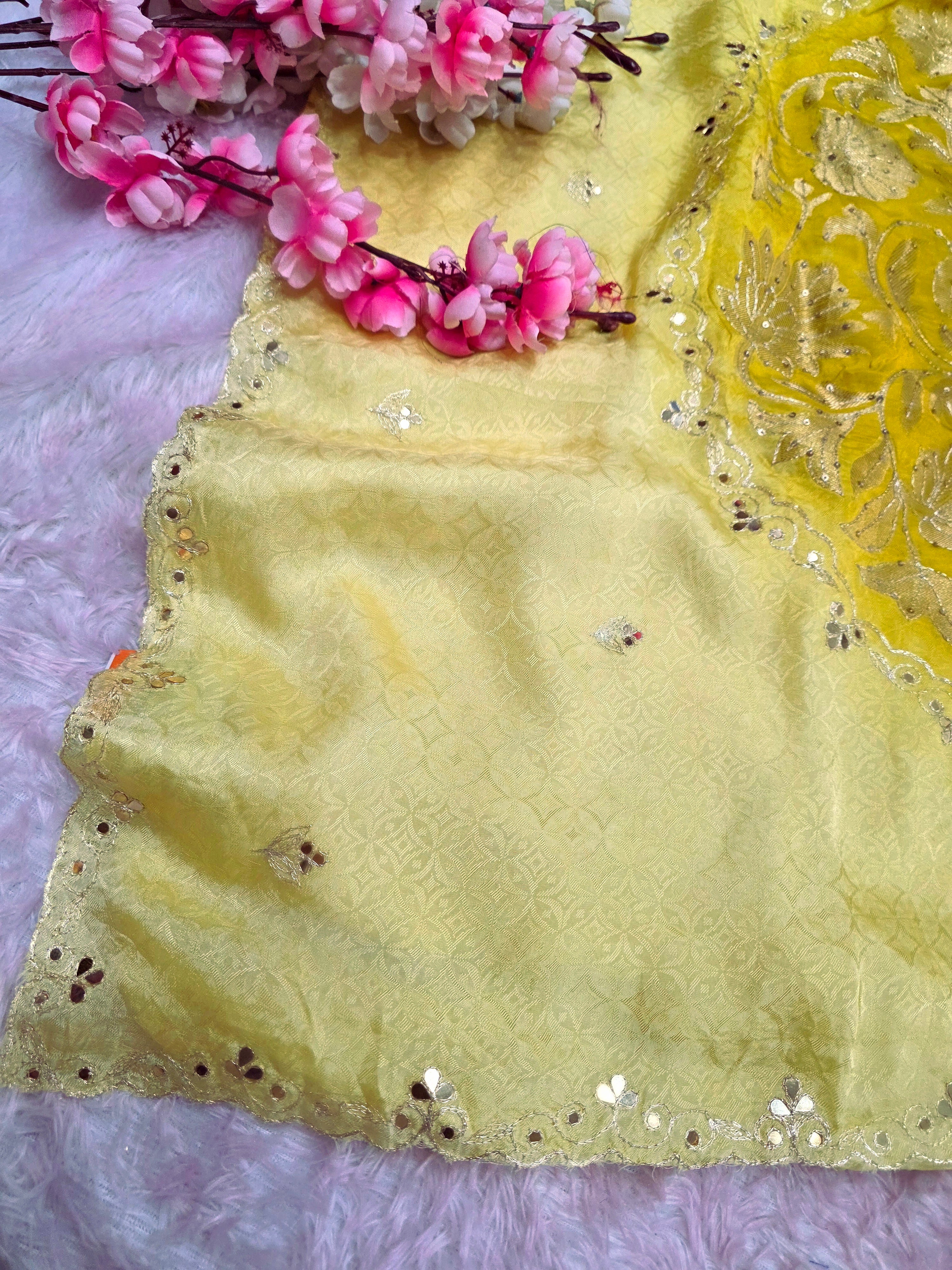 103701 Pure Viscose Silk Self Weaving Designer Saree with Rajasthani Hand Aari Tari Work