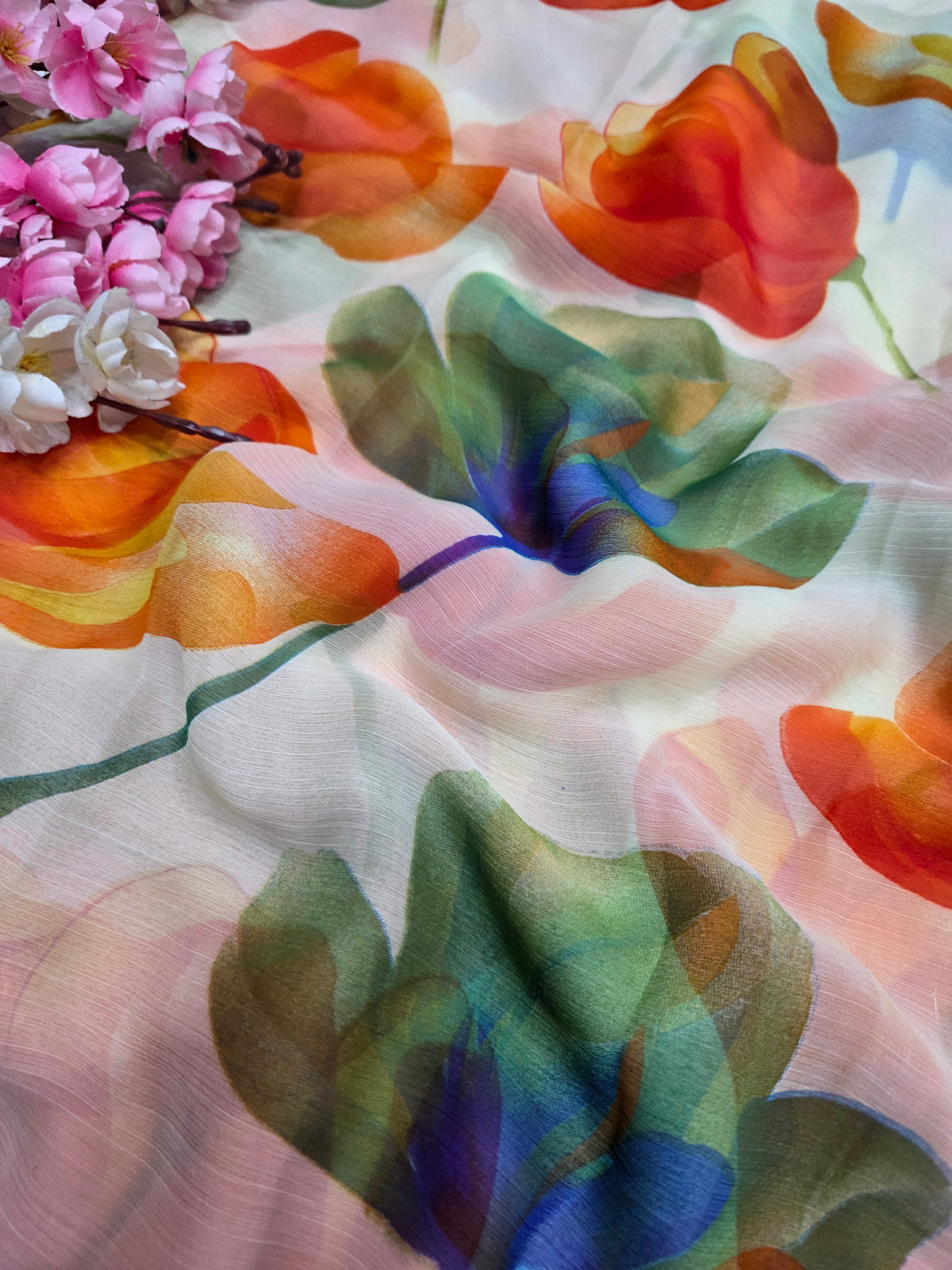 103905 Lightweight Elegant Semi Chiffon Flower Print Saree - Orange