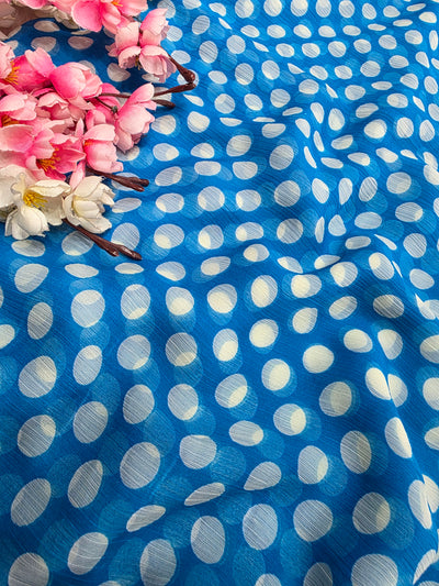 845003 Lightweight Elegant Semi Chiffon Polki Dot Print Saree - Sky Blue