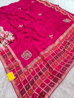 CA0740 Pure Dola Silk Bandhani Border And Handwork Saree - Rani