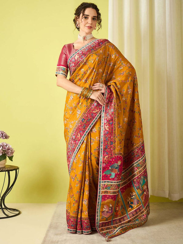 935002 Royal Kashmiri Pashmina Work Pure Soft Dola Silk Saree with Heavy Zari Blouse - Yellow