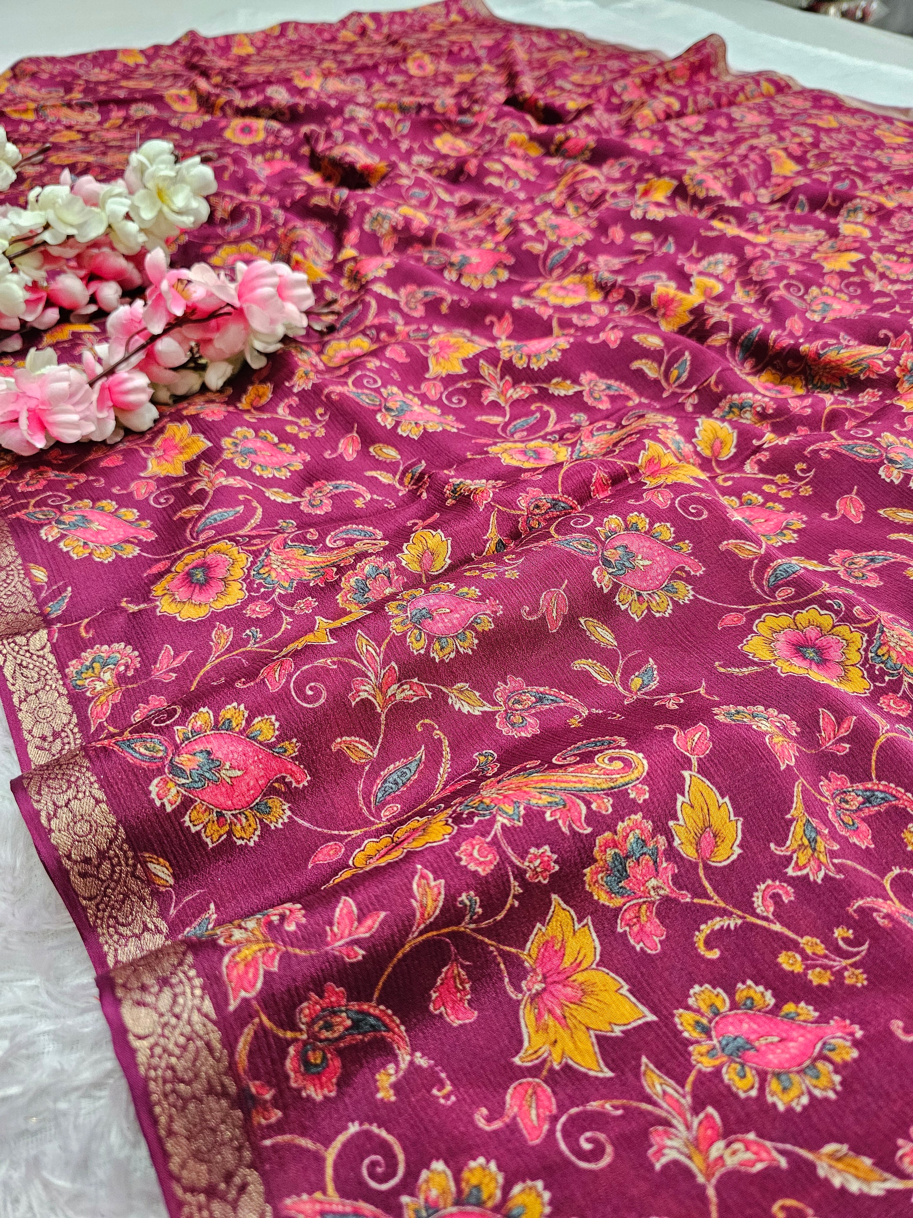 998002 Beautiful Pure Chinon Silk Traditional Flower Print Saree with Zari Weaving Border