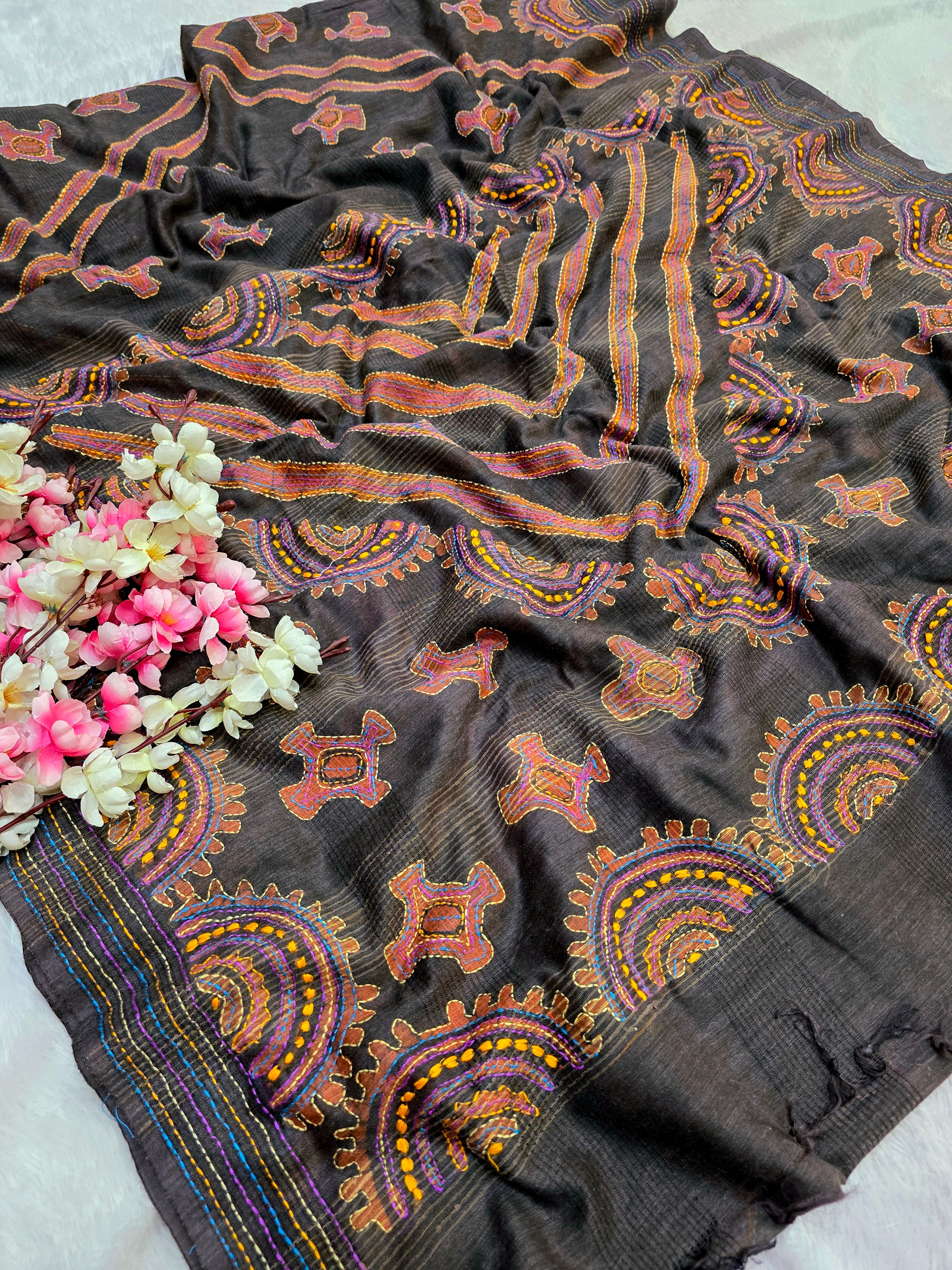 461006 Pure Linen Digital Print Saree With Hand Embroidery