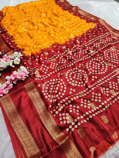 994002 Rajasthani Pila Bandhani Print Self Weaving Crepe Silk Saree With Zari Weaving Border - Yellow