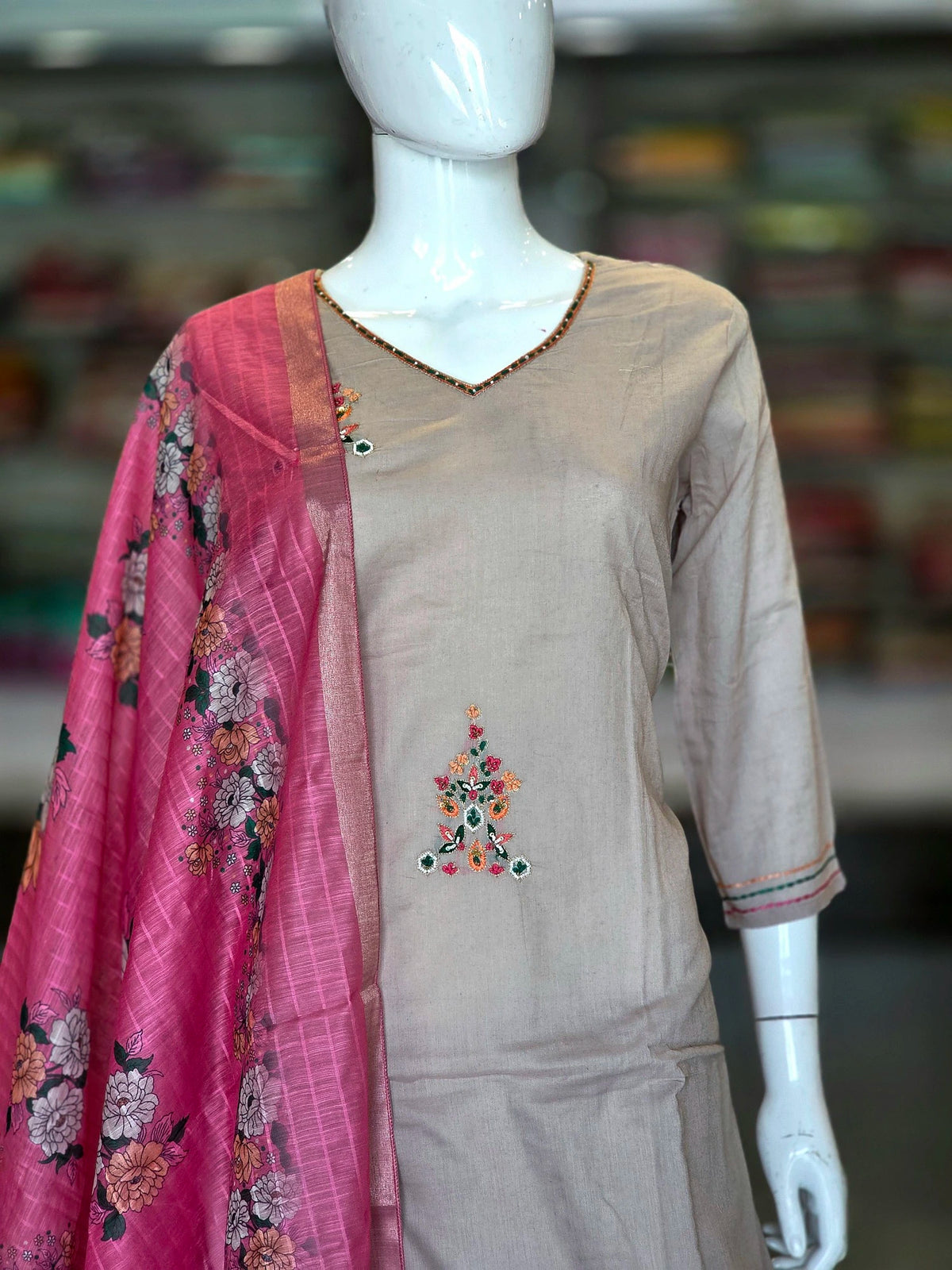 2399 Pure Mal Cotton Straight Embroidery Cotton Kurti Set With Pant and Dupatta - Beige