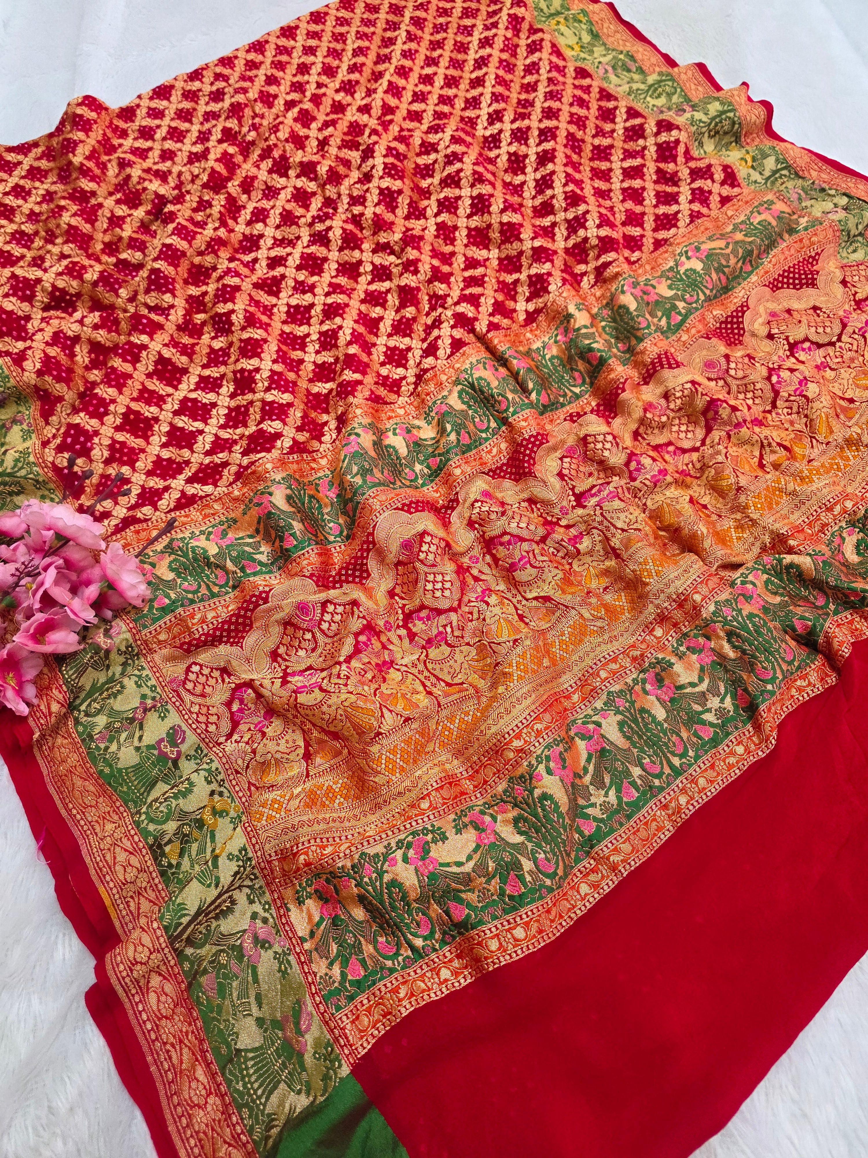 817003 Pure Georgette Hand Rai Bandhani Meenakari Red Color Saree
