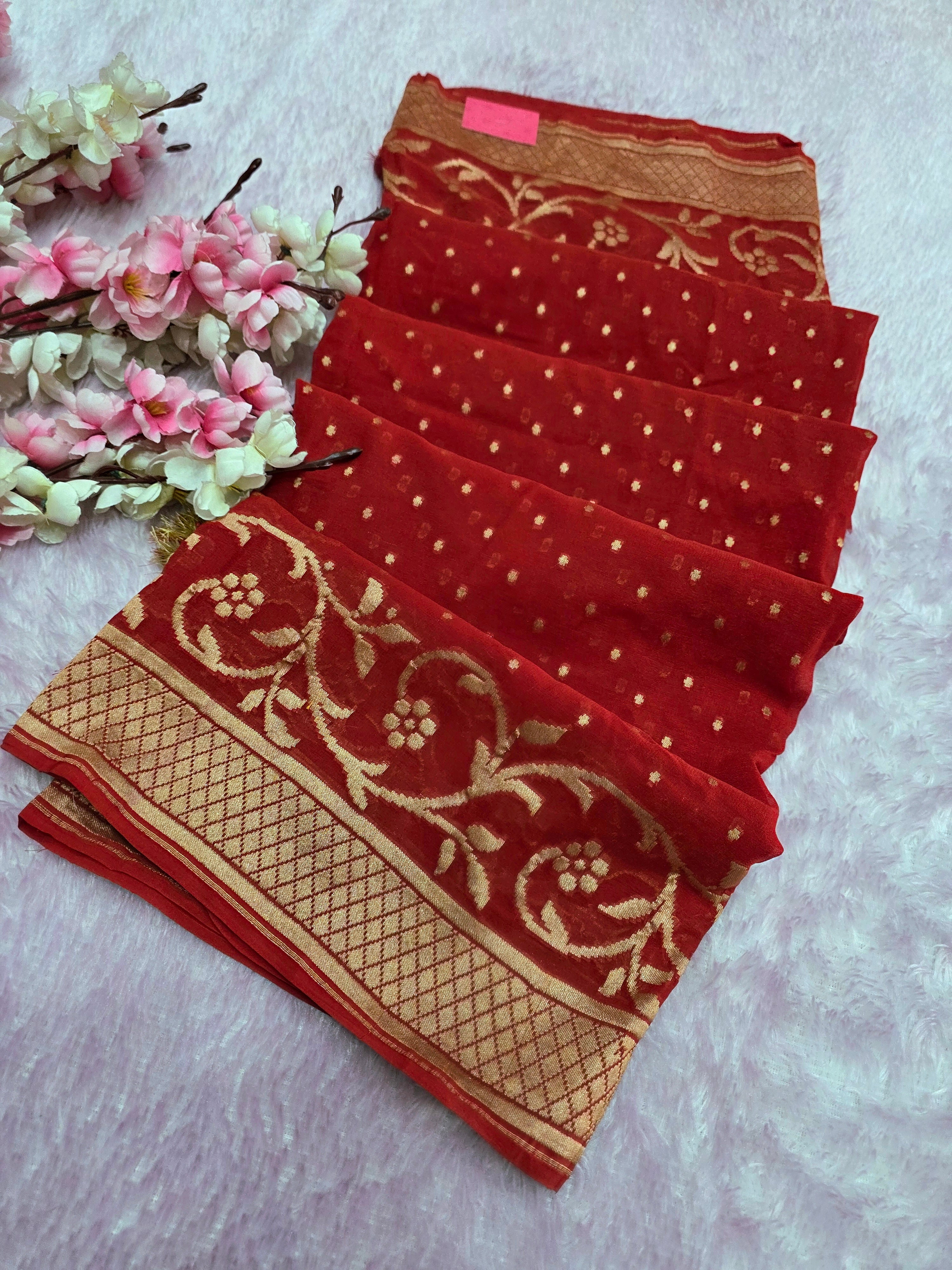 9502 Pure Georgette Red Dupatta with Zari Weaving