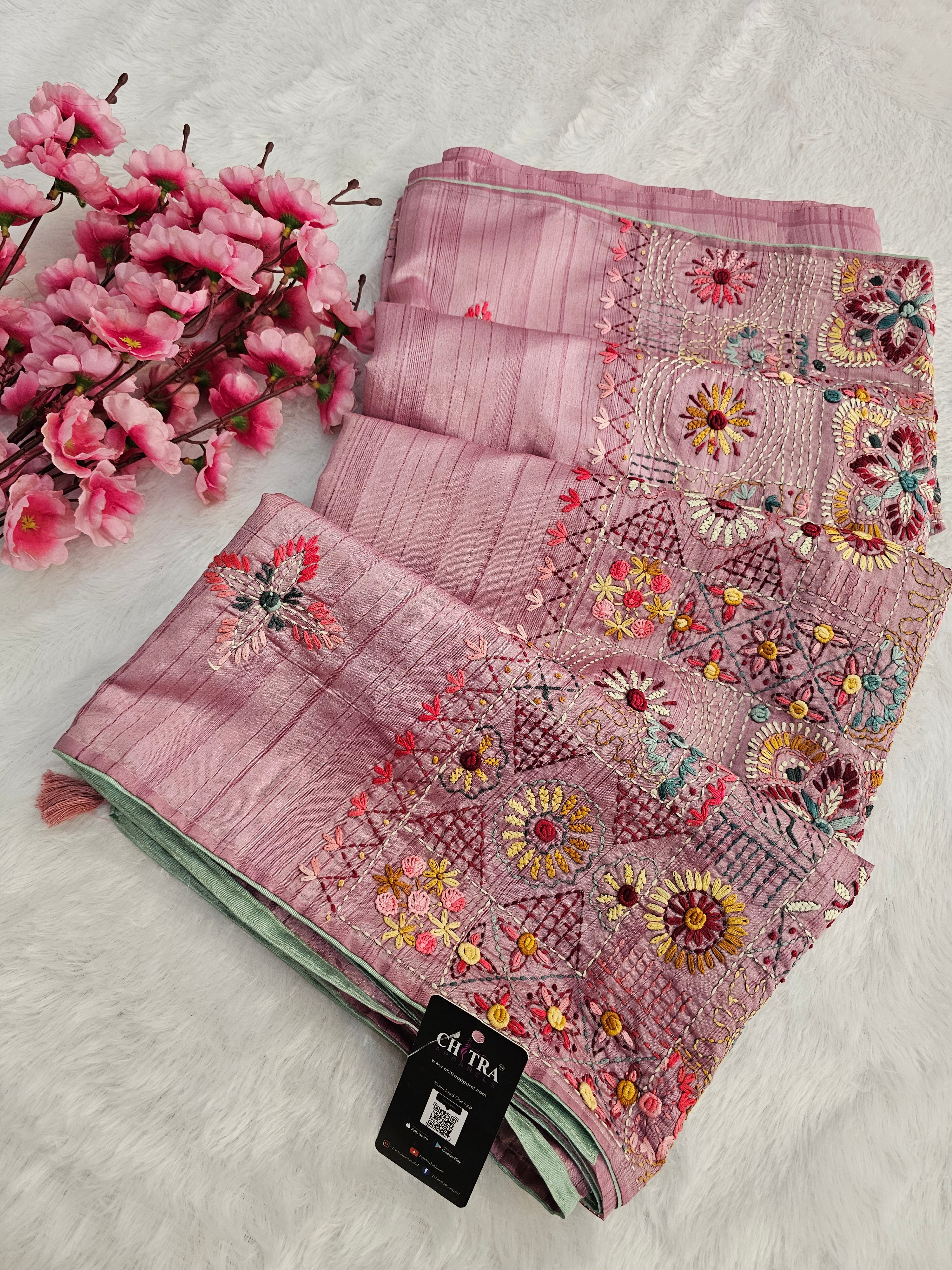 769005 Semi Tusser Silk Hand Made Premium Embroidery Saree