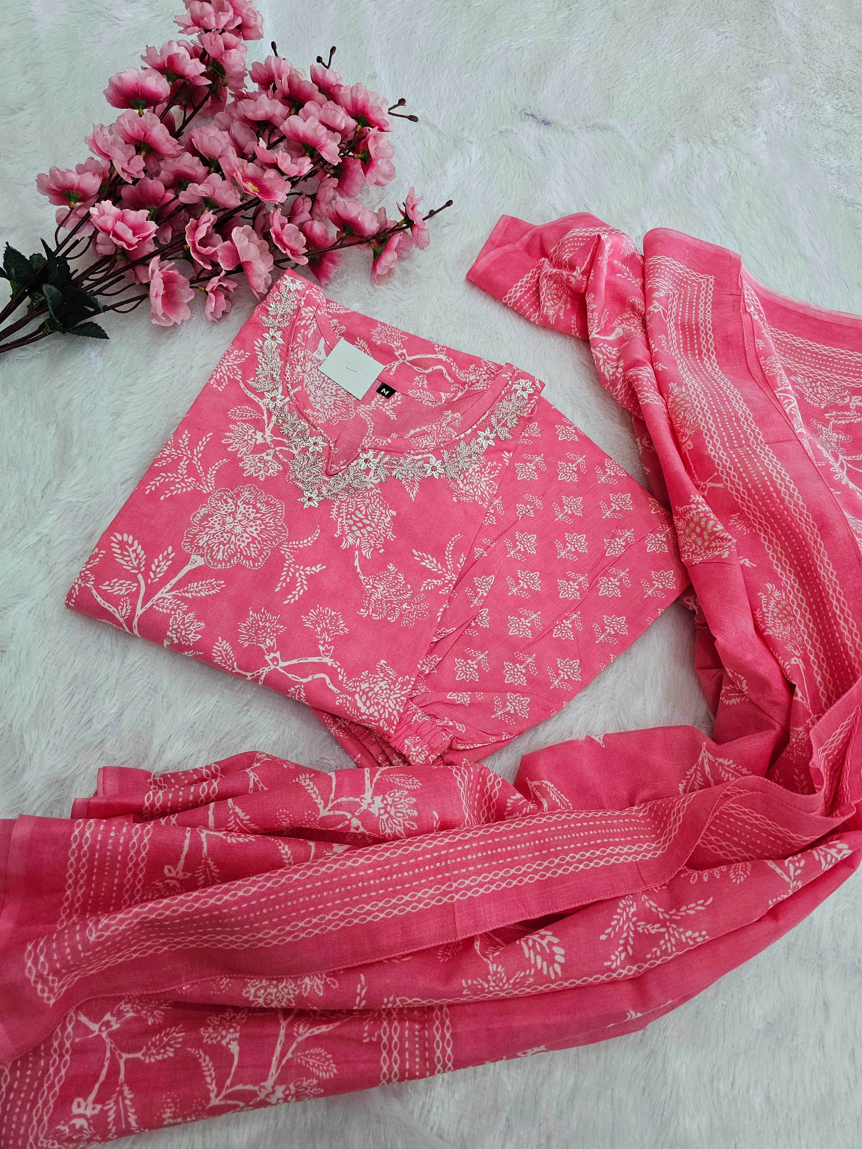 770003 Pink Color Embroidered Pure Cotton Flower Printed Straight Kurti With Pant & Dupatta
