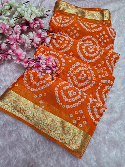 966002 Traditional Hand Bandhani Chinon Silk Soft Saree - Orange