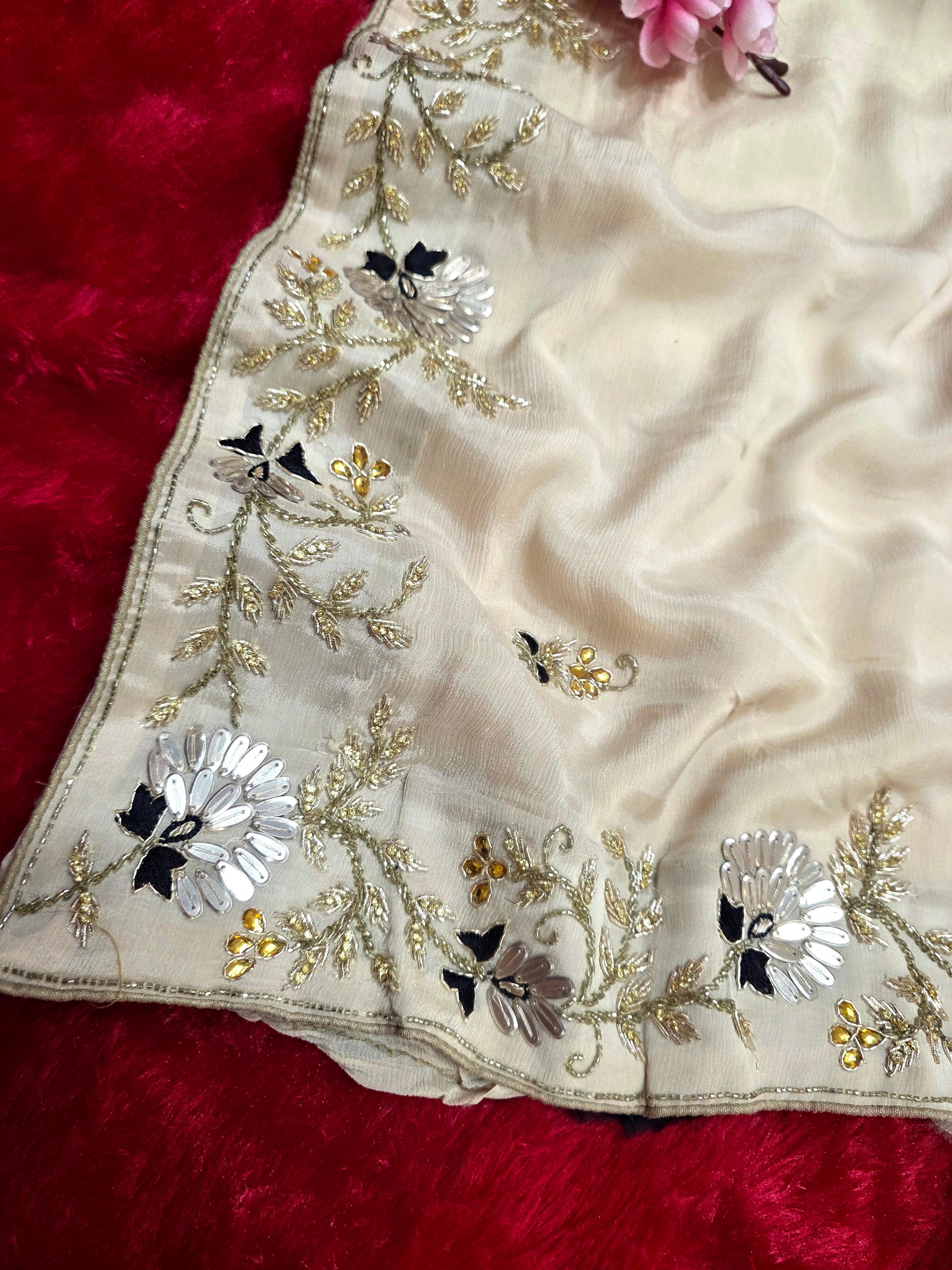 909002 Premium Pure Chinon Silk Saree with Hand Work