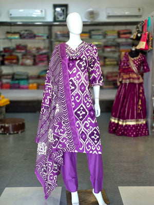 767 Pure Cotton Straight Ikkat Print Cotton Kurti Set With Pant and Dupatta - Purple