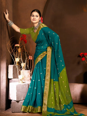 916001 Banarasi Georgette Crepe Silk Small Sikka Butti Weaving Saree - Teal (Rama)