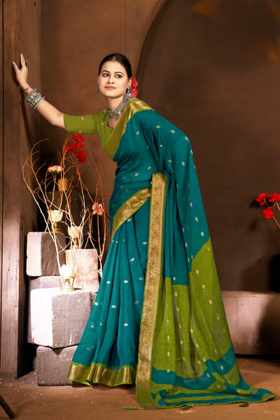 916001 Banarasi Georgette Crepe Silk Small Sikka Butti Weaving Saree - Teal (Rama)