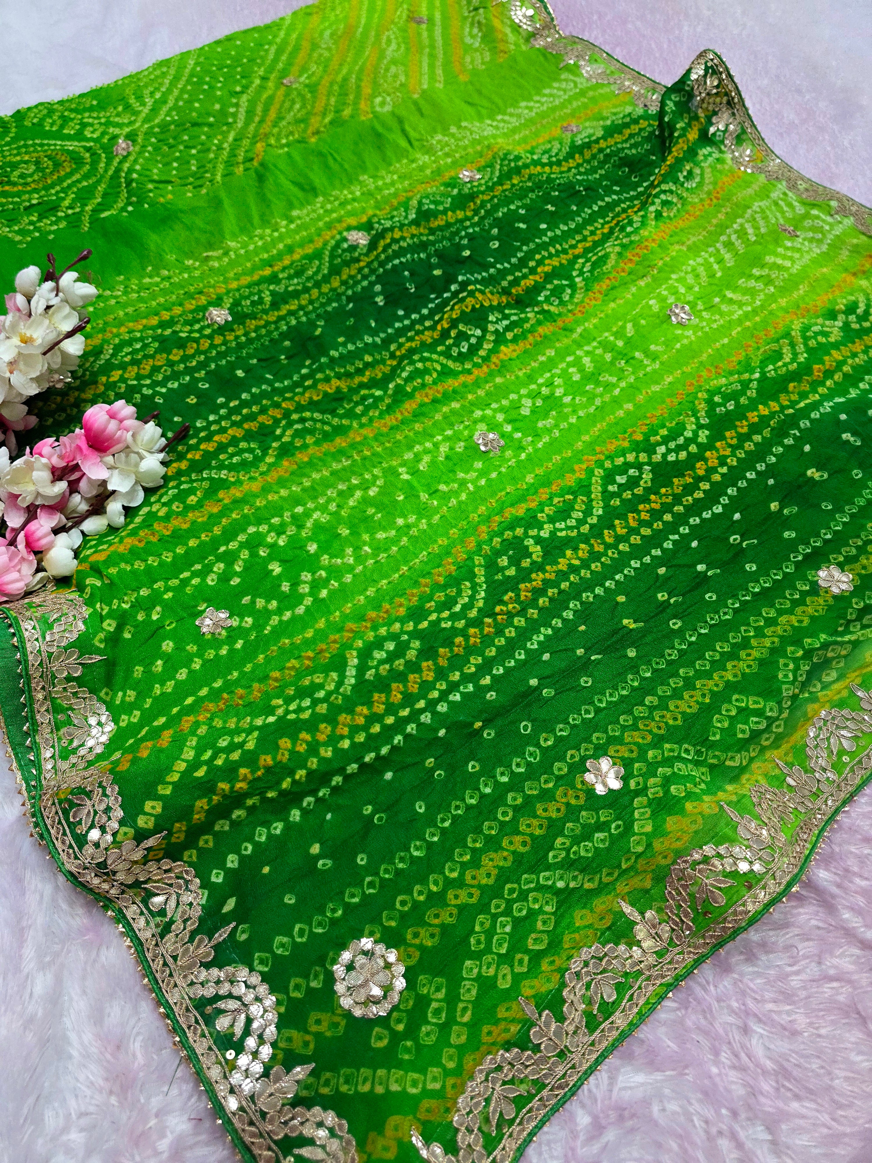 12485 Traditional Rajasthani Pure Ojariya Rai Bandhani Green Saree With Premium Gotapatti Work