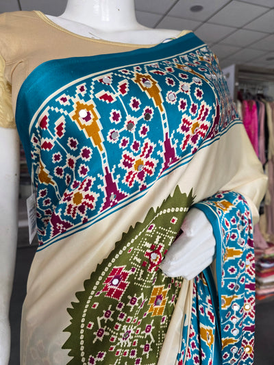 CA0768 Trending Mirror Work Ajrakh Patola Print Semi Modal Silk Saree - Firozi Blue