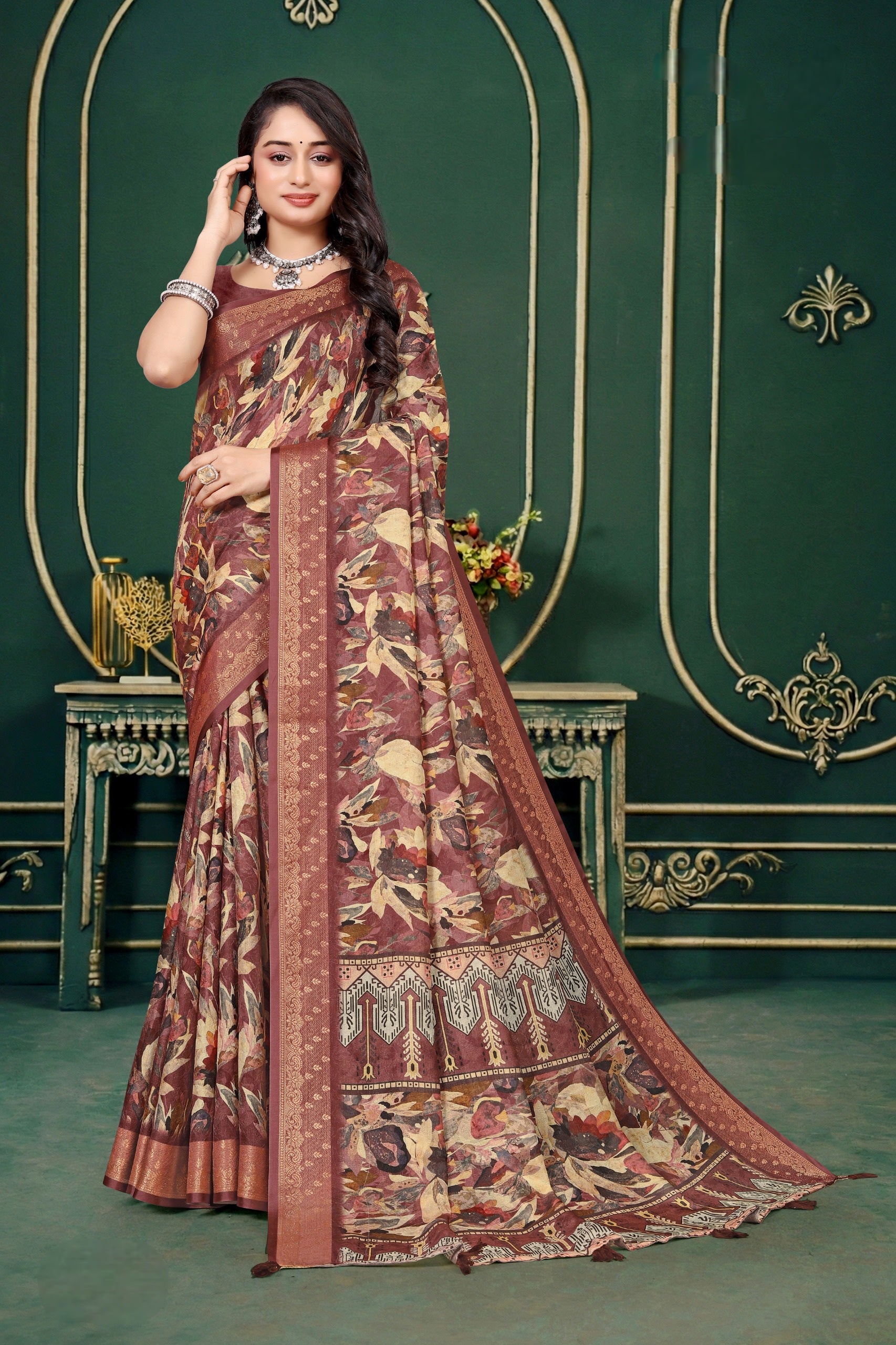 102203 Designer Soft Dola Silk Flower Printed Saree with Zari Weaving Border