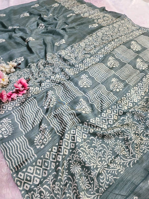 CA1524 Soft Dola Silk Block Print Saree - Green