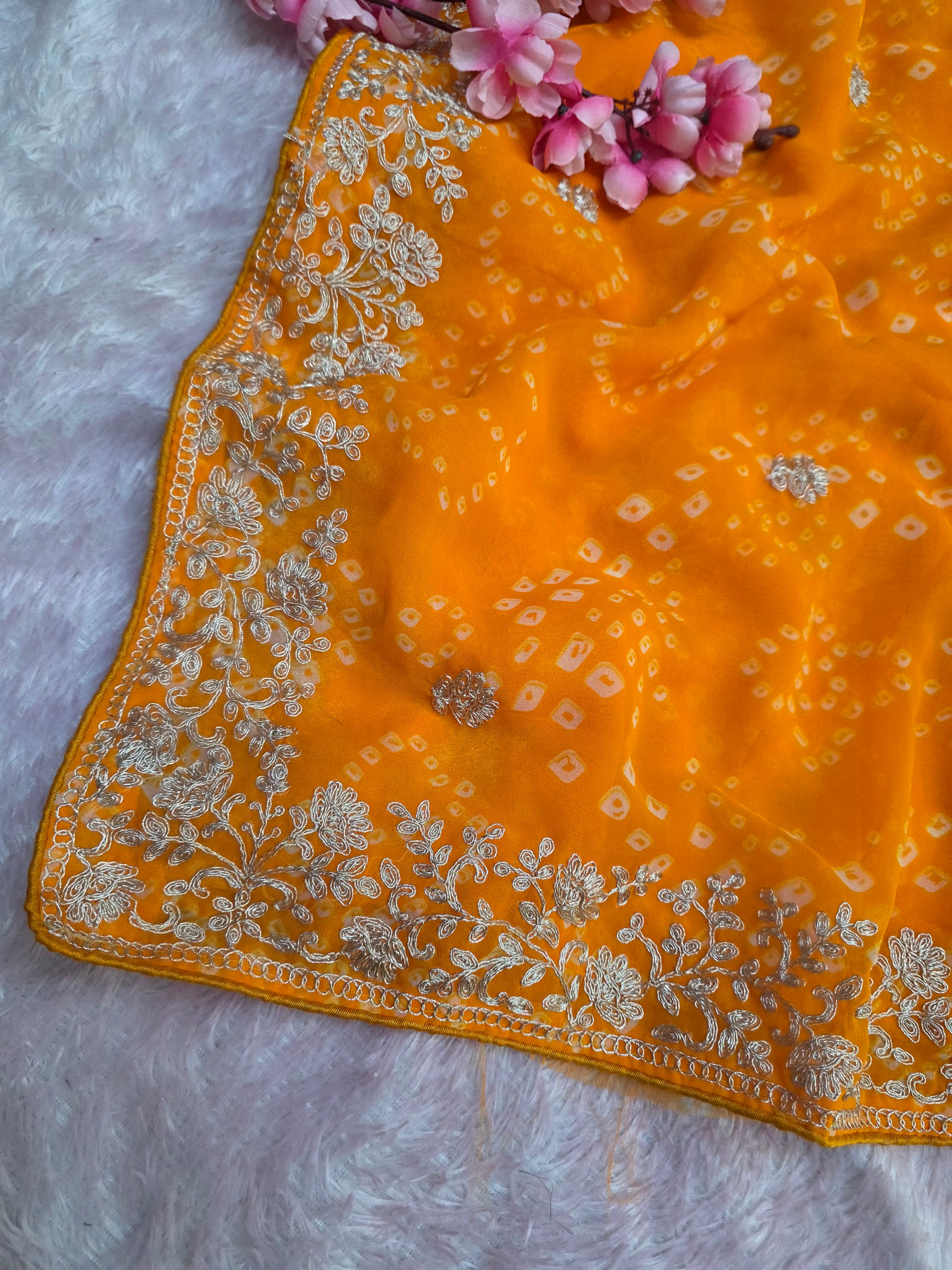 967001 Rajasthani Traditional Georgette Bandhani Saree with Pitta Work - Yellow