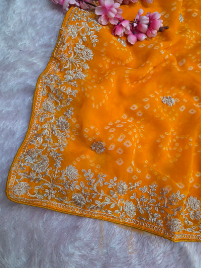967001 Rajasthani Traditional Georgette Bandhani Saree with Pitta Work - Yellow