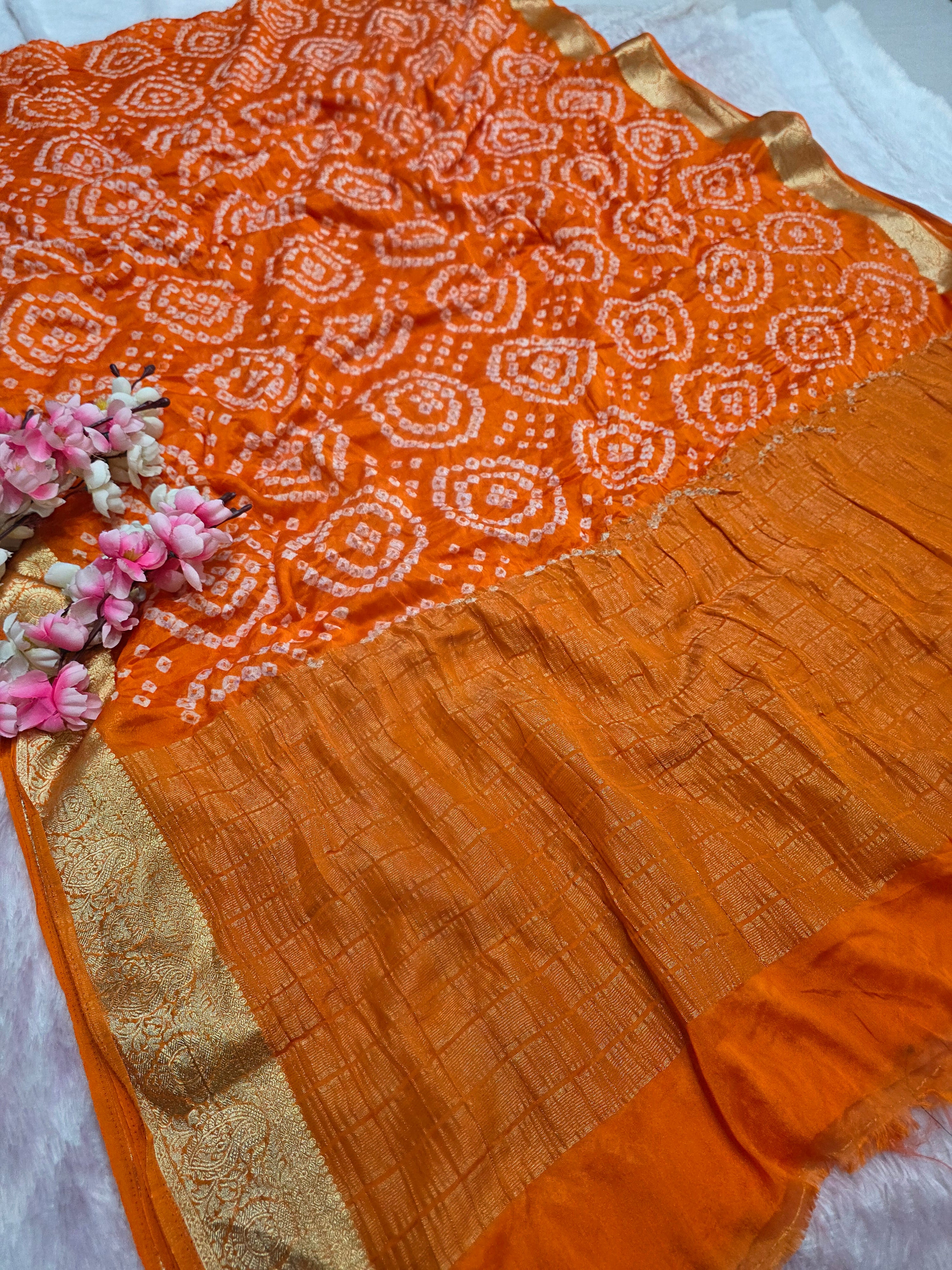 966002 Traditional Hand Bandhani Chinon Silk Soft Saree - Orange