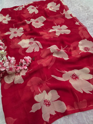 103903 Lightweight Elegant Semi Chiffon Flower Print Saree - Rani