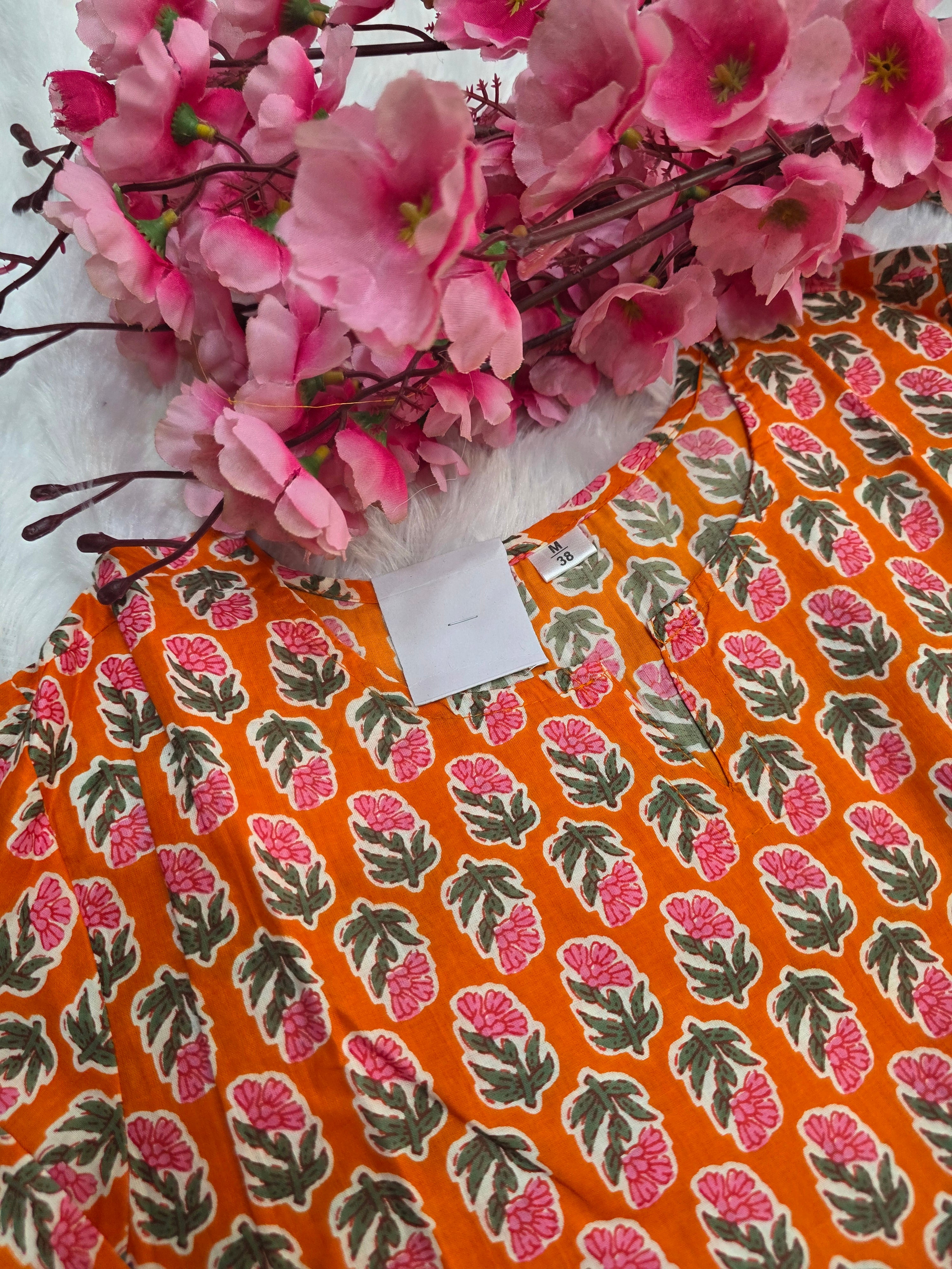 1758 Pure Cotton Hand Block Printed Shot Kurtis (Orange)