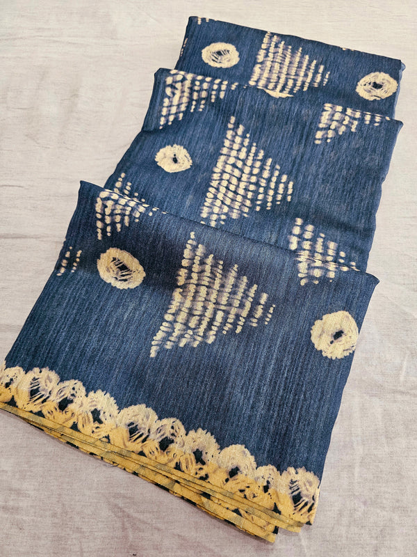 341006 Jute Silk Banshani Saree With Shibbori - Blue