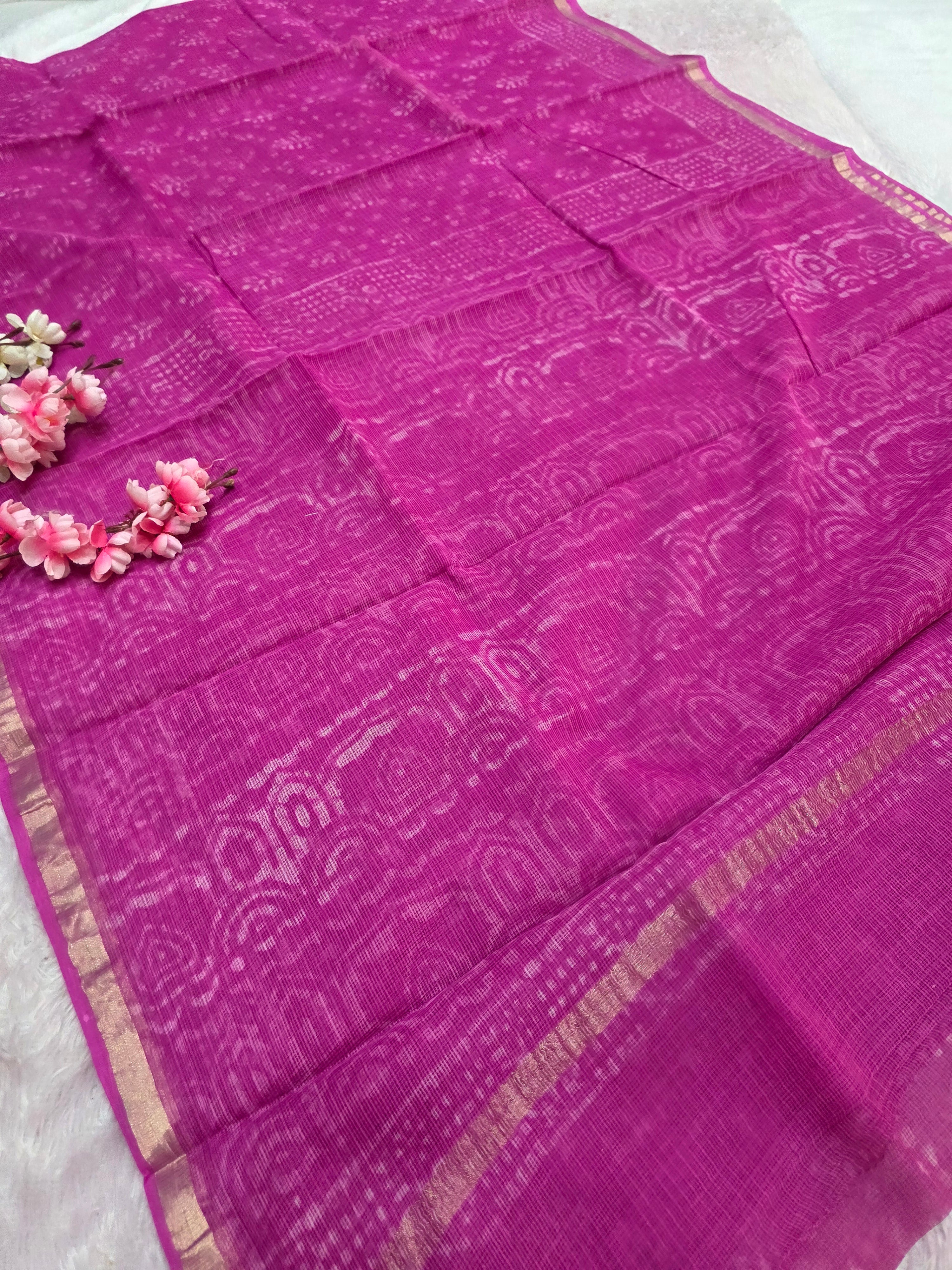 101603 Pure Kota Doriya Hand Printed Saree with Zari Weaving Border