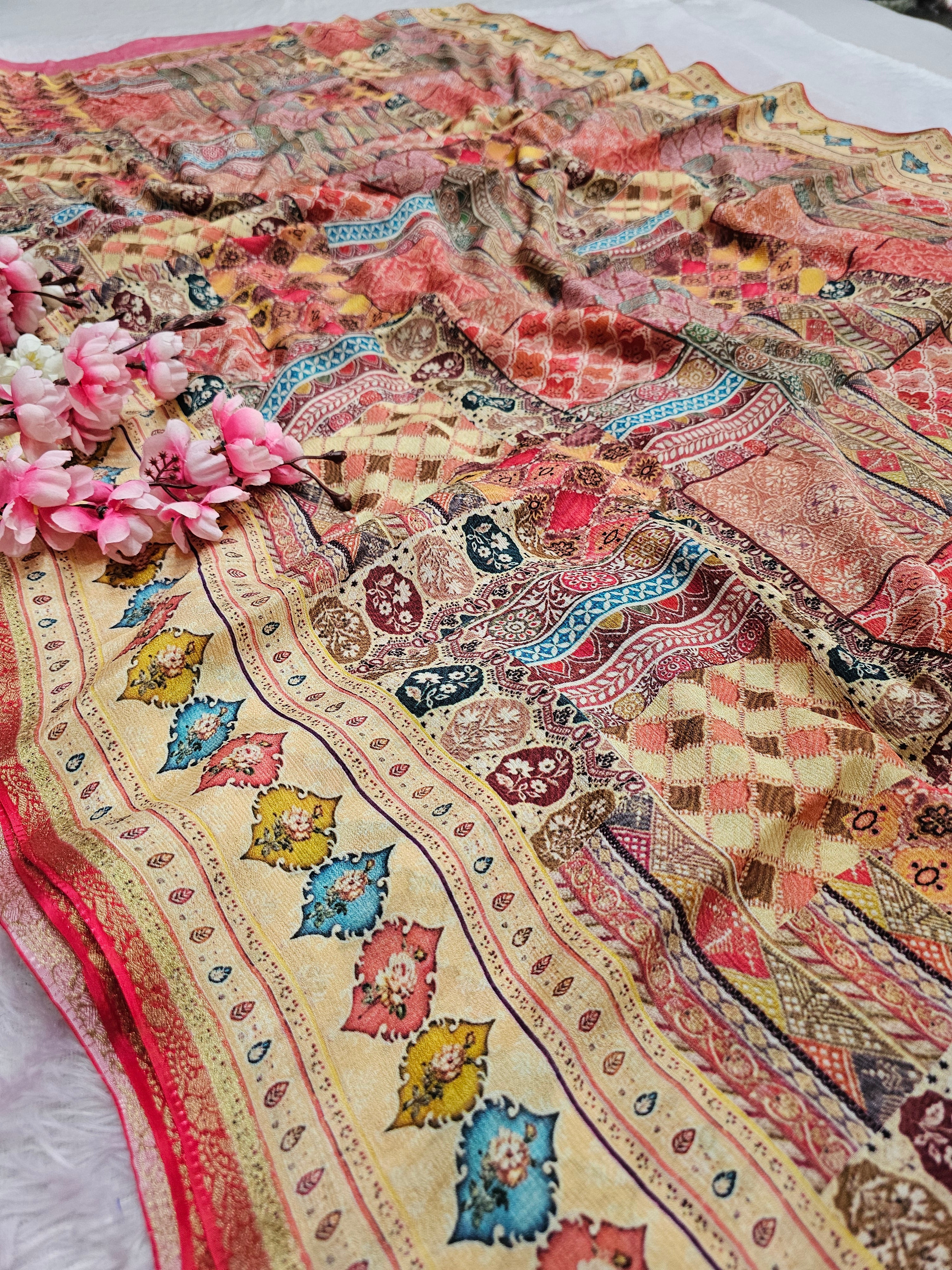 998008 Beautiful Pure Chinon Silk Traditional Flower Print Saree with Zari Weaving Border