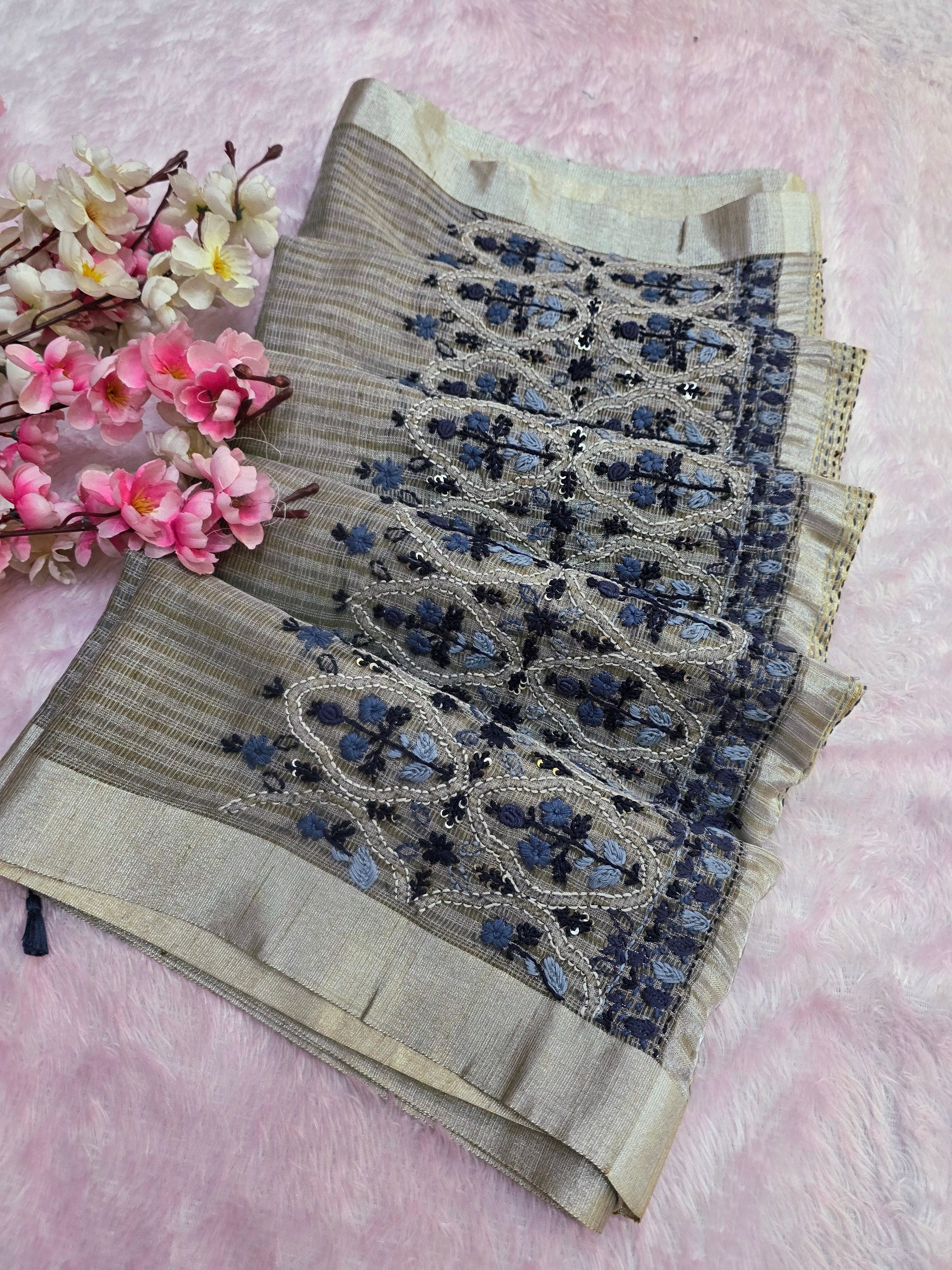 878002 Pure Kota Cotton Silk Hand Embroidery Suta Work Saree - Gray
