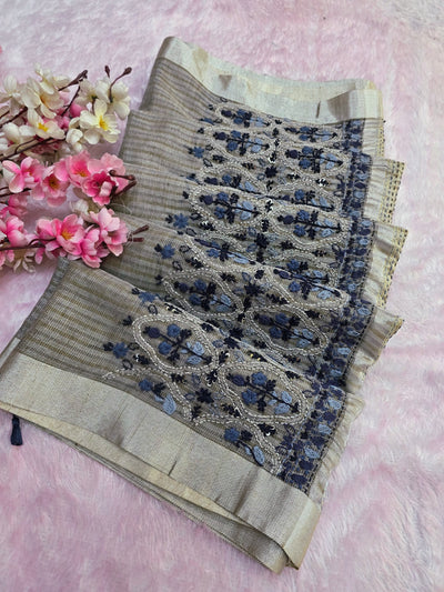 878002 Pure Kota Cotton Silk Hand Embroidery Suta Work Saree - Gray