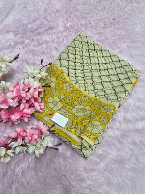 CA1452 Pure Rajasthani Diamond Chiffon Saree with Hand Print yellow beige saree