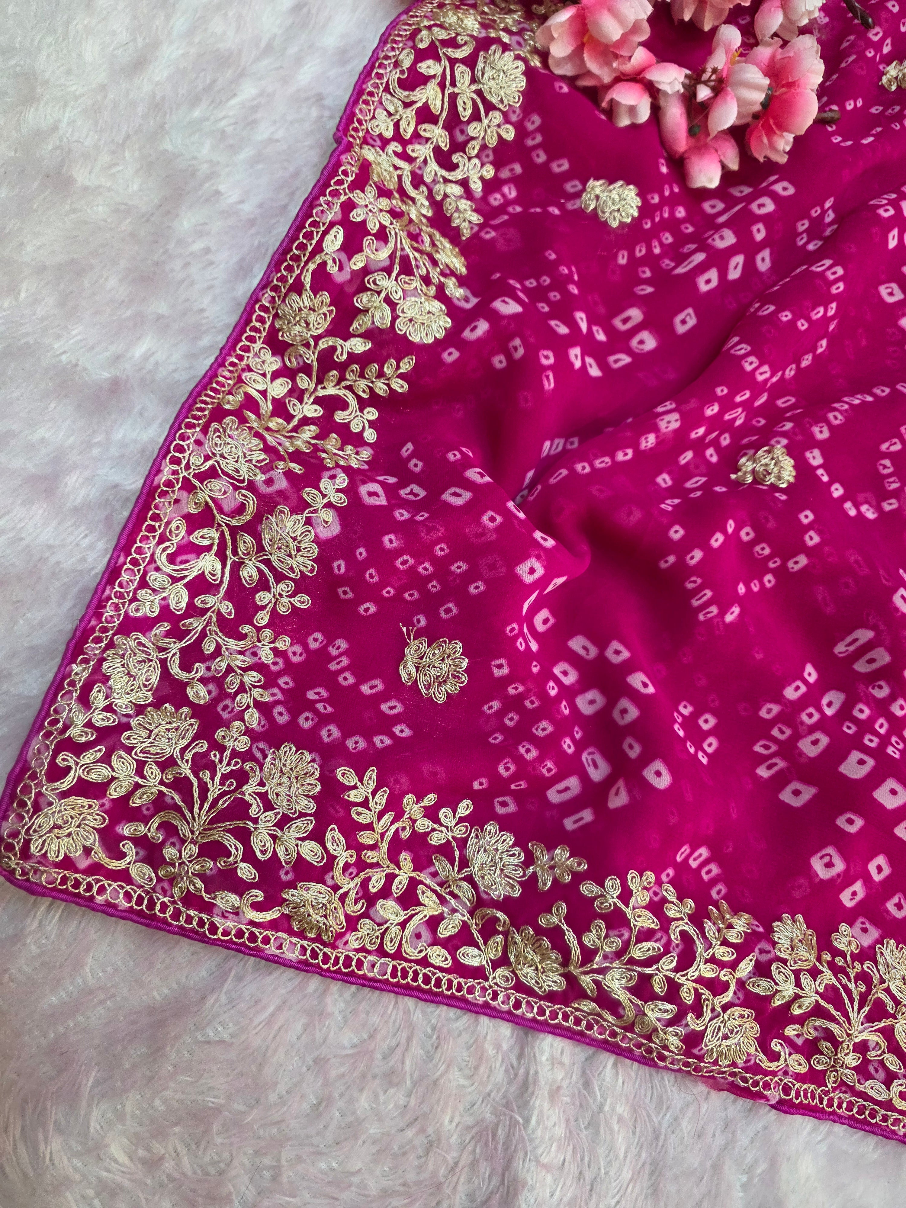 967001 Rajasthani Traditional Georgette Bandhani Saree with Pitta Work - Pink