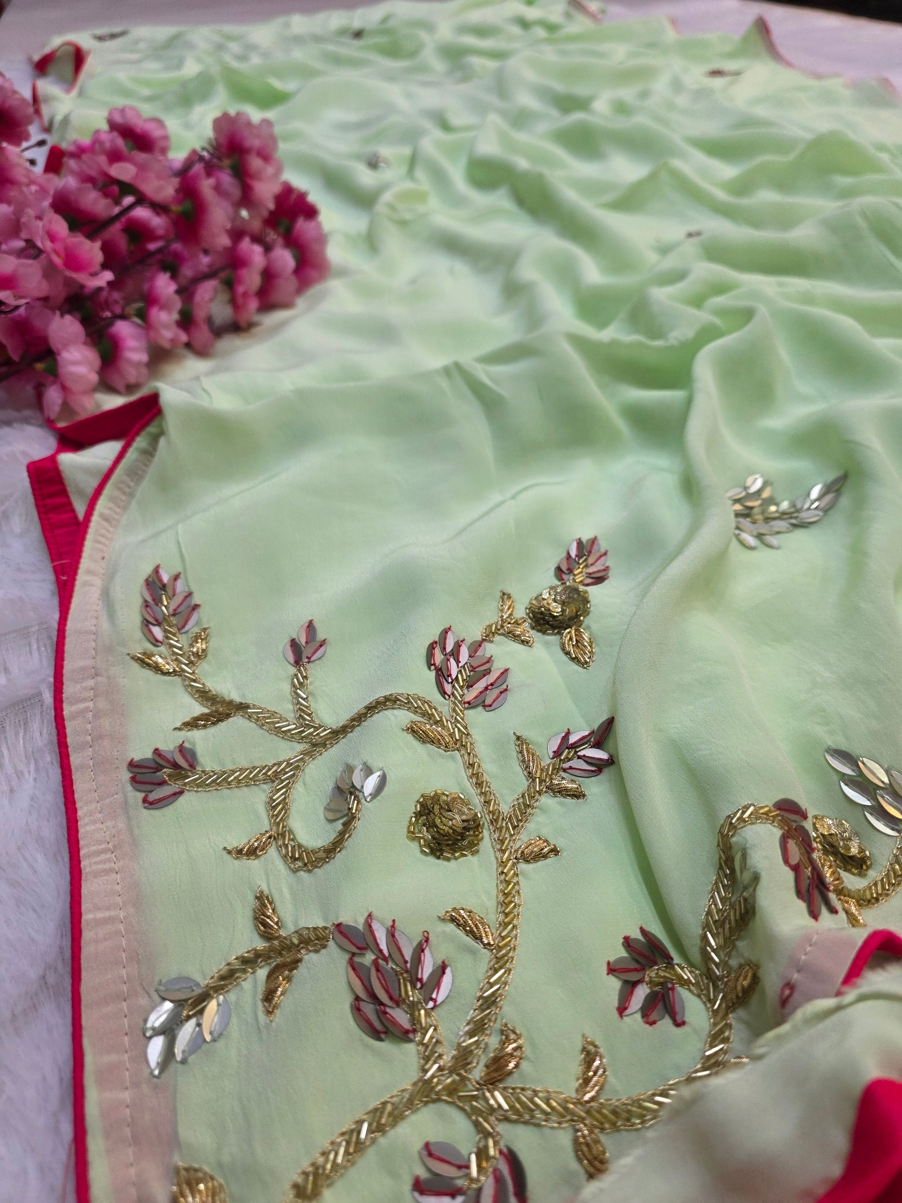 784010 Traditional Fancy Pure Crepe Silk Handwork Saree