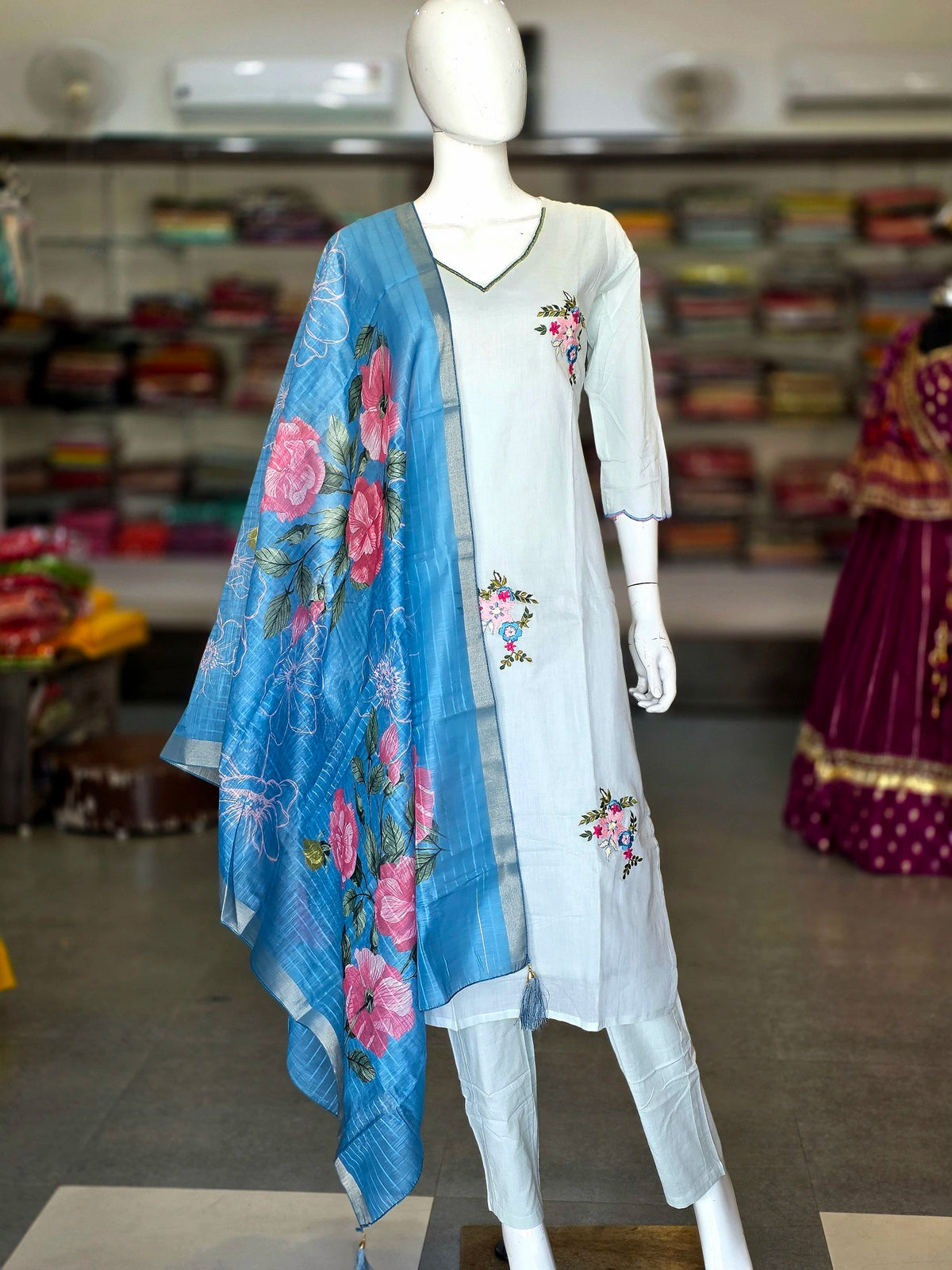 2394 Pure Mal Cotton Straight Embroidery Cotton Kurti Set With Pant and Dupatta - Sky Blue