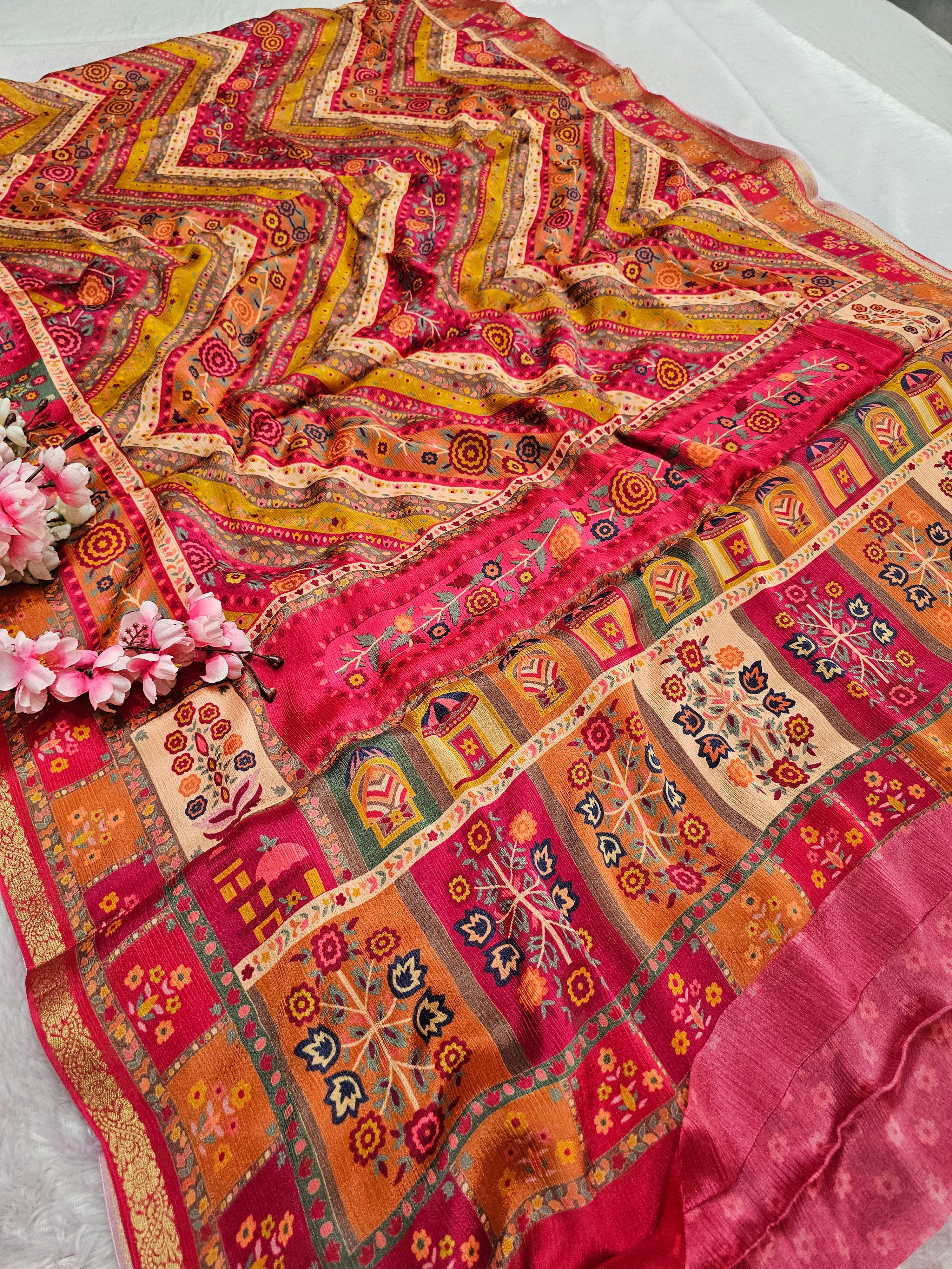 शुद्ध टसर सिल्क हाथ से बनी लेहरिया साड़ी प्रीमियम गोटापट्टी वर्क के साथ - 8837