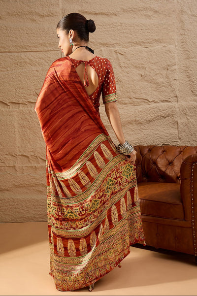 917007 Trending Ajrakh Print with Shibbori Semi Modal Silk Saree - Orange
