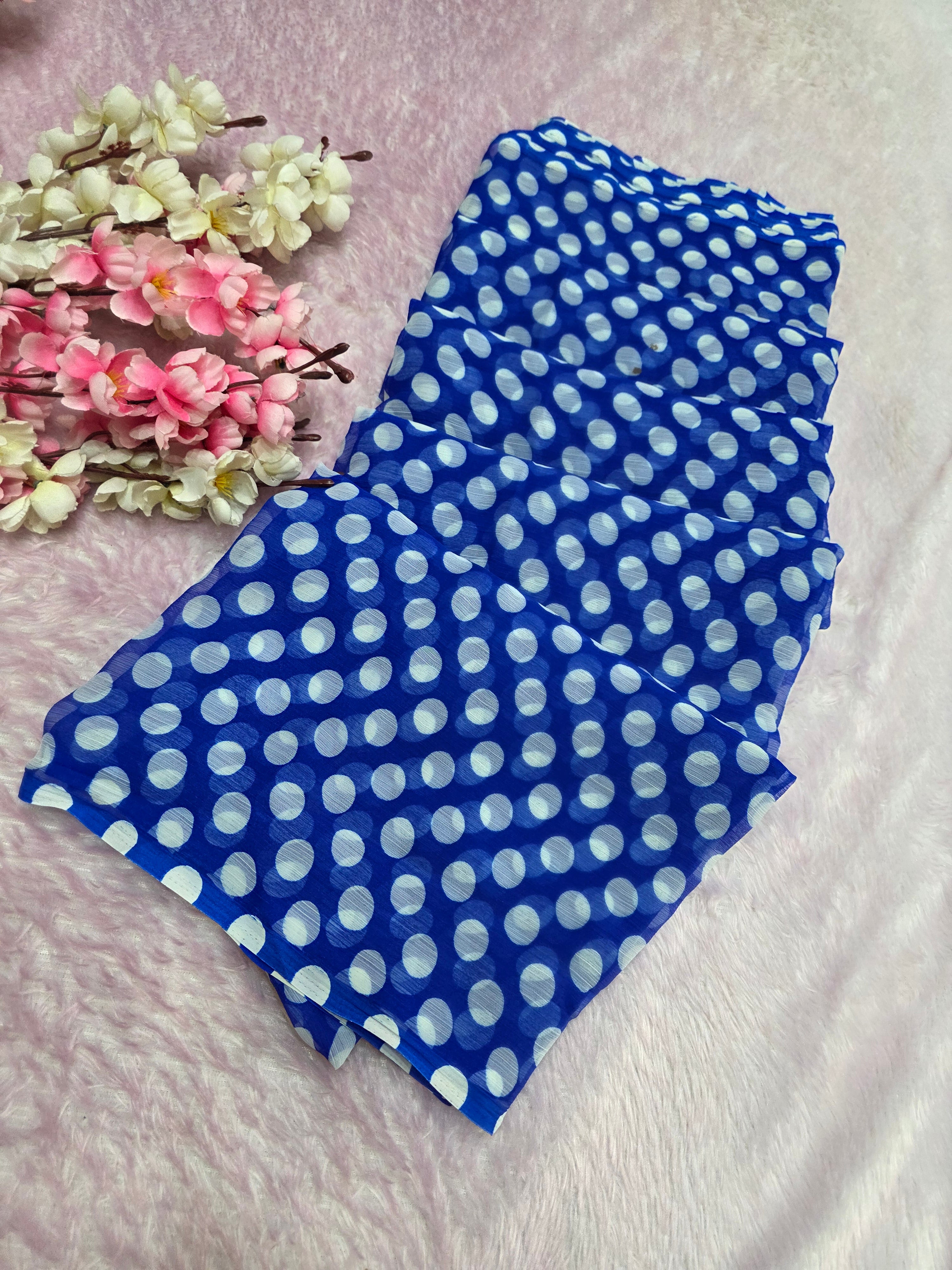 845003 Lightweight Elegant Semi Chiffon Polki Dot Print Saree - Blue