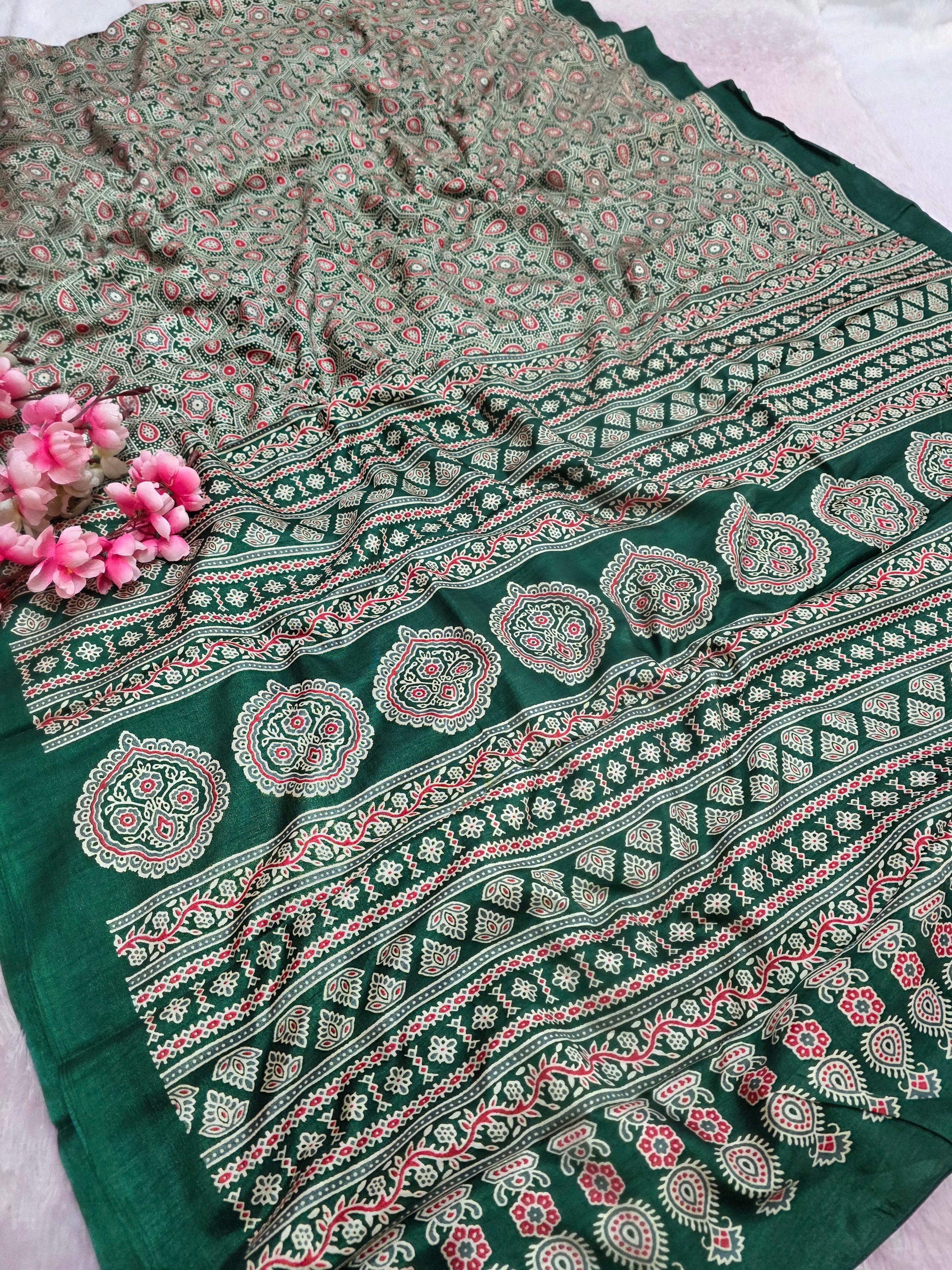 973001 Traditional Ajrakh Print Semi Dola Silk Saree - Green